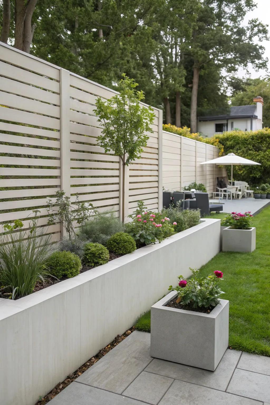 Sleek slats enhancing a modern boundary wall.