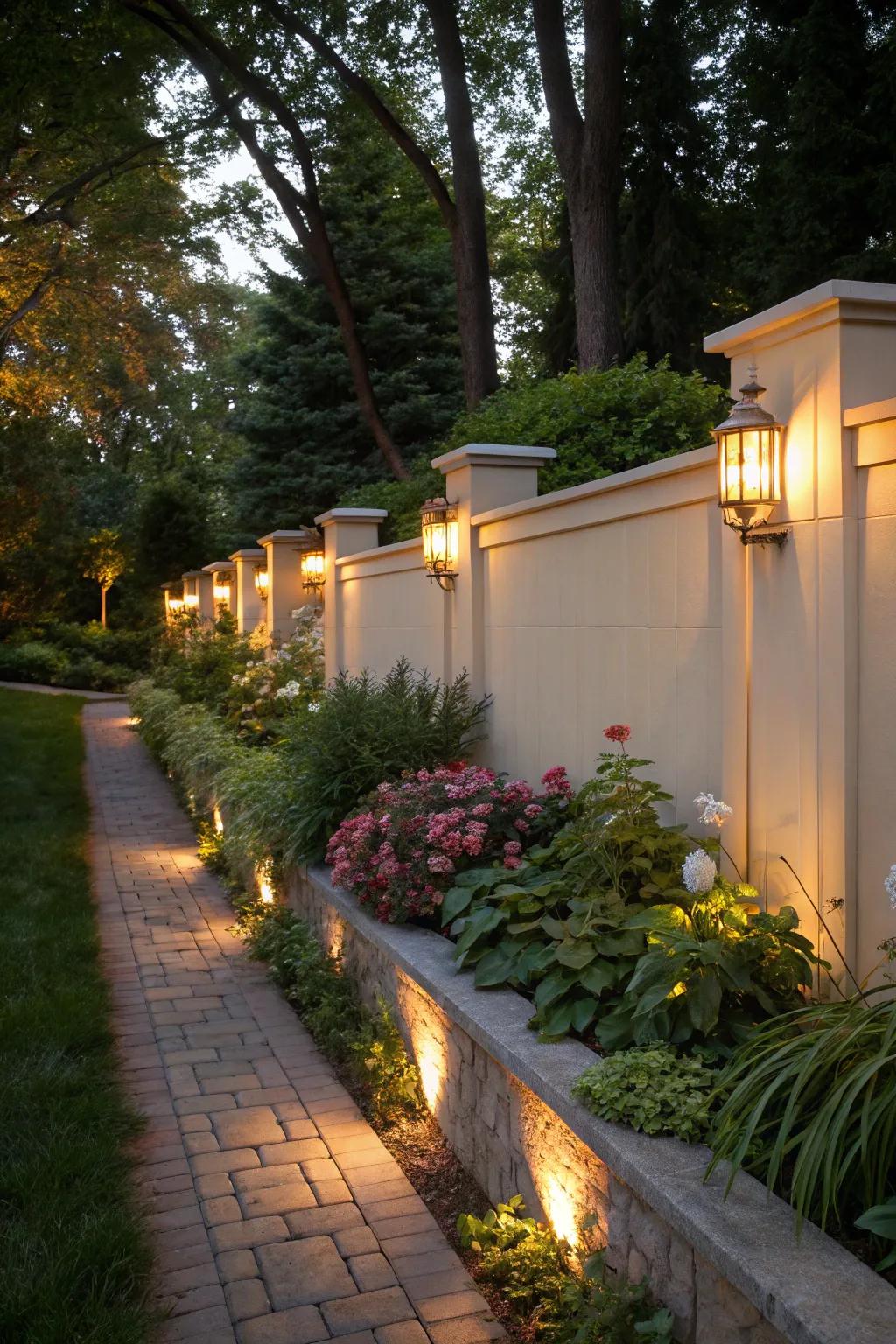 Boundary wall with integrated lighting for nighttime appeal.