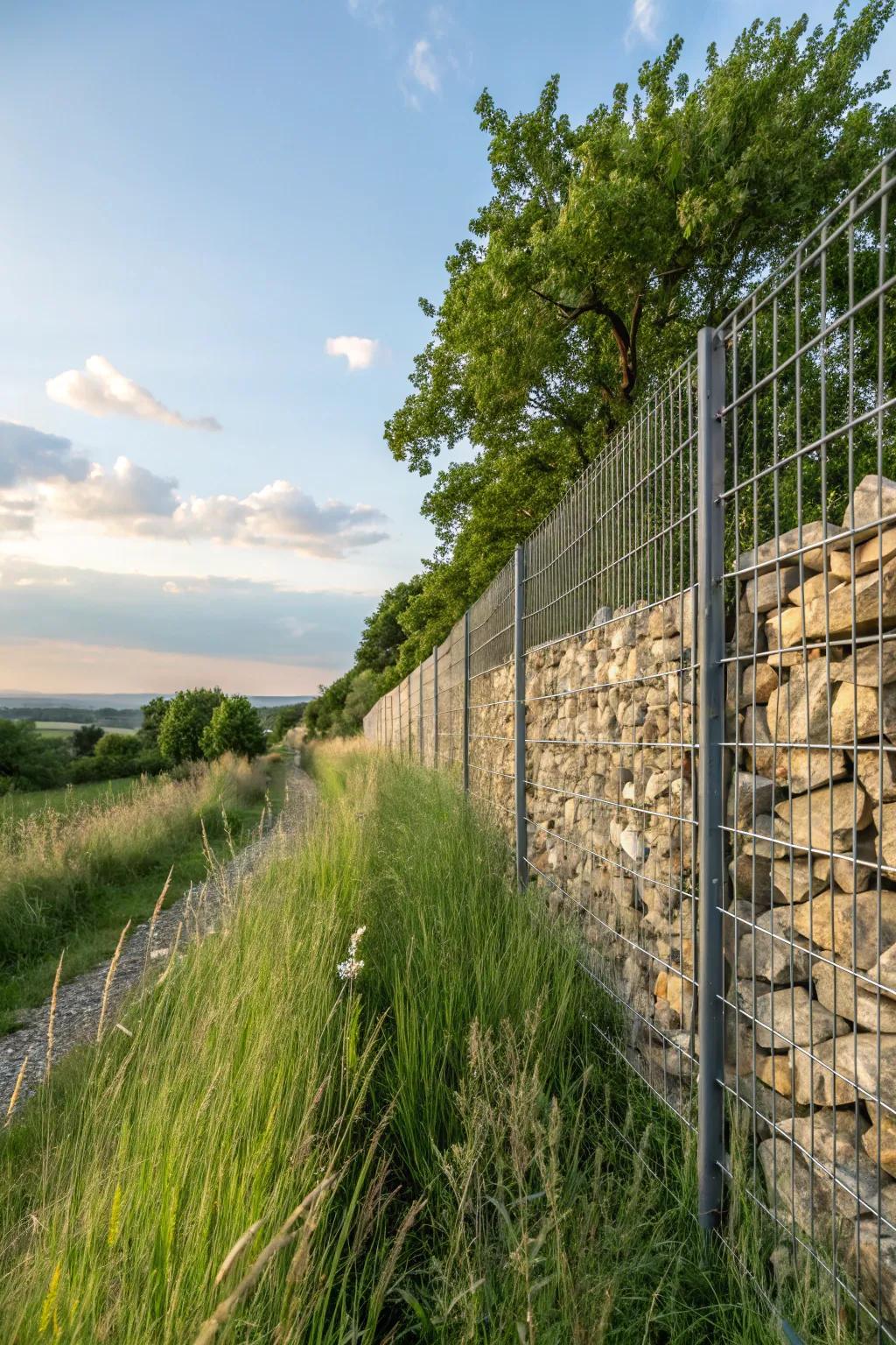 Eco-friendly gabion wall blending with nature.