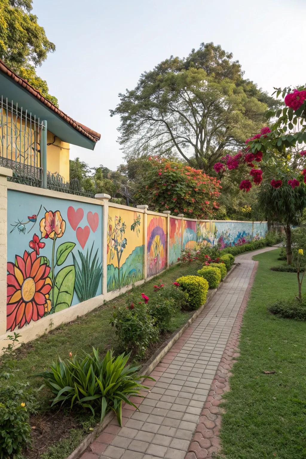 A colorful mural adds personality to a boundary wall.