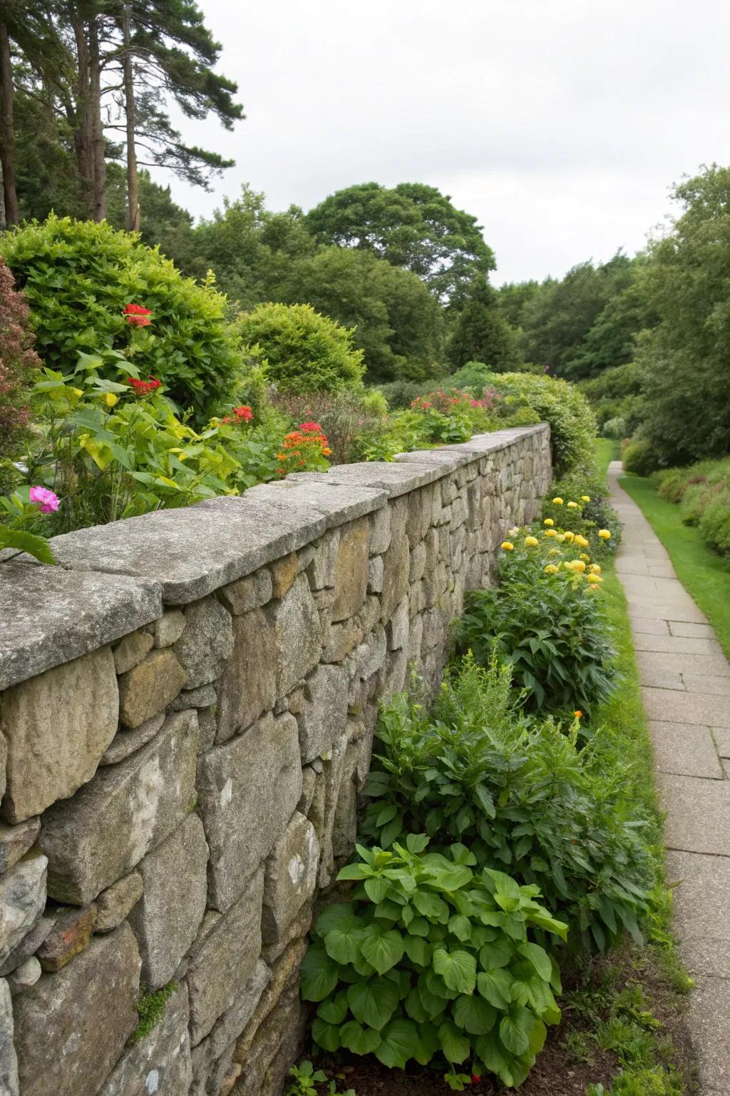 Rustic charm with a natural stone boundary wall.