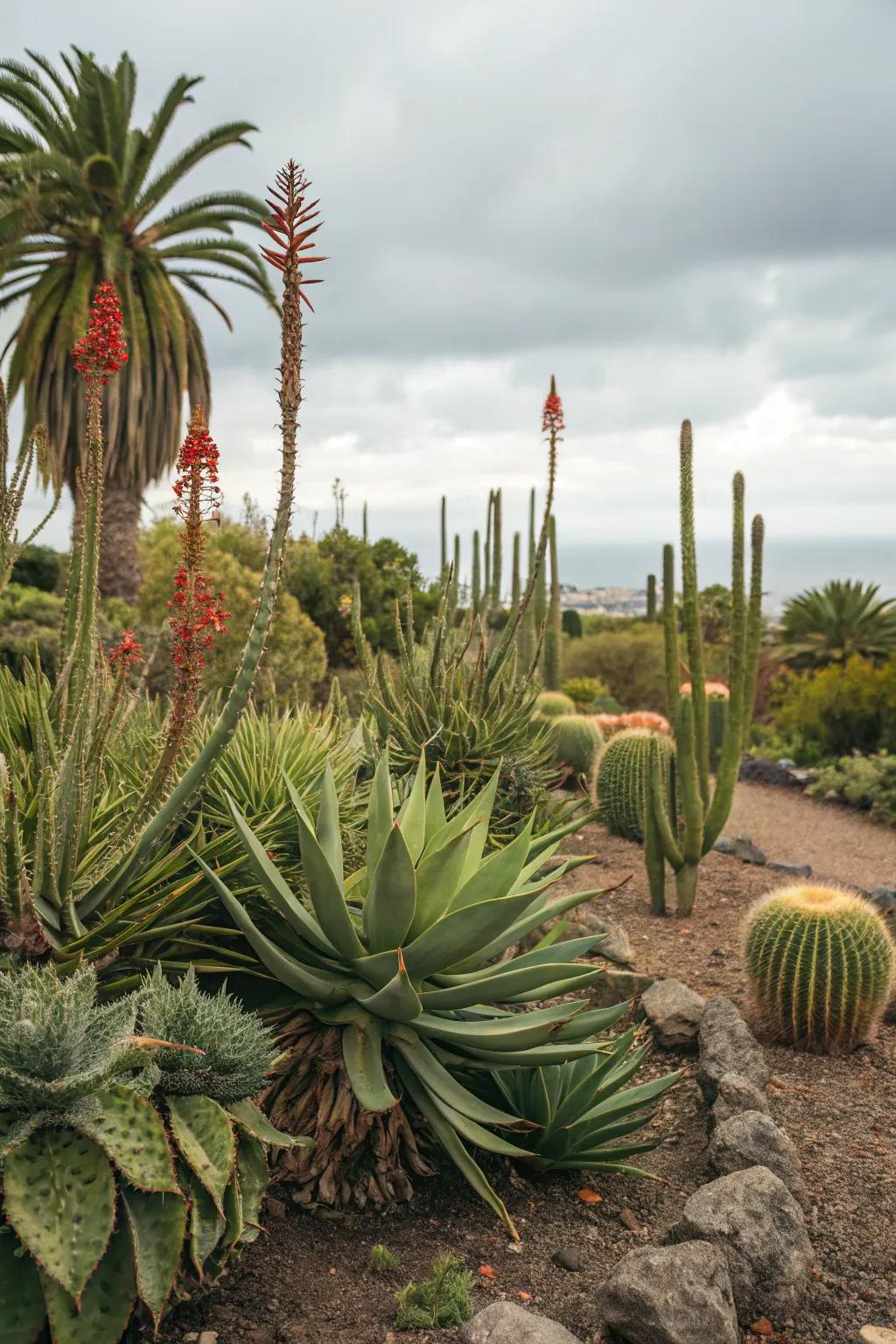 A garden featuring striking tropical plants adapted to dry conditions.