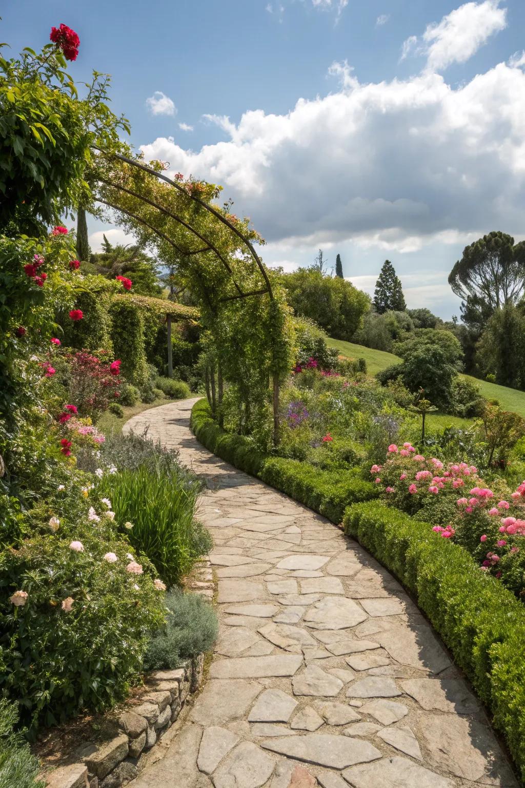 Rustic stone pathway meandering through flourishing greenery.