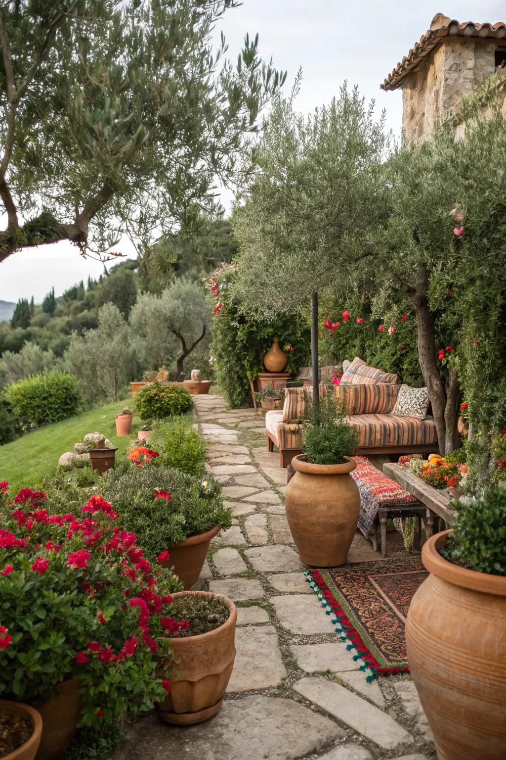 Warm Mediterranean garden with classic terracotta accents.