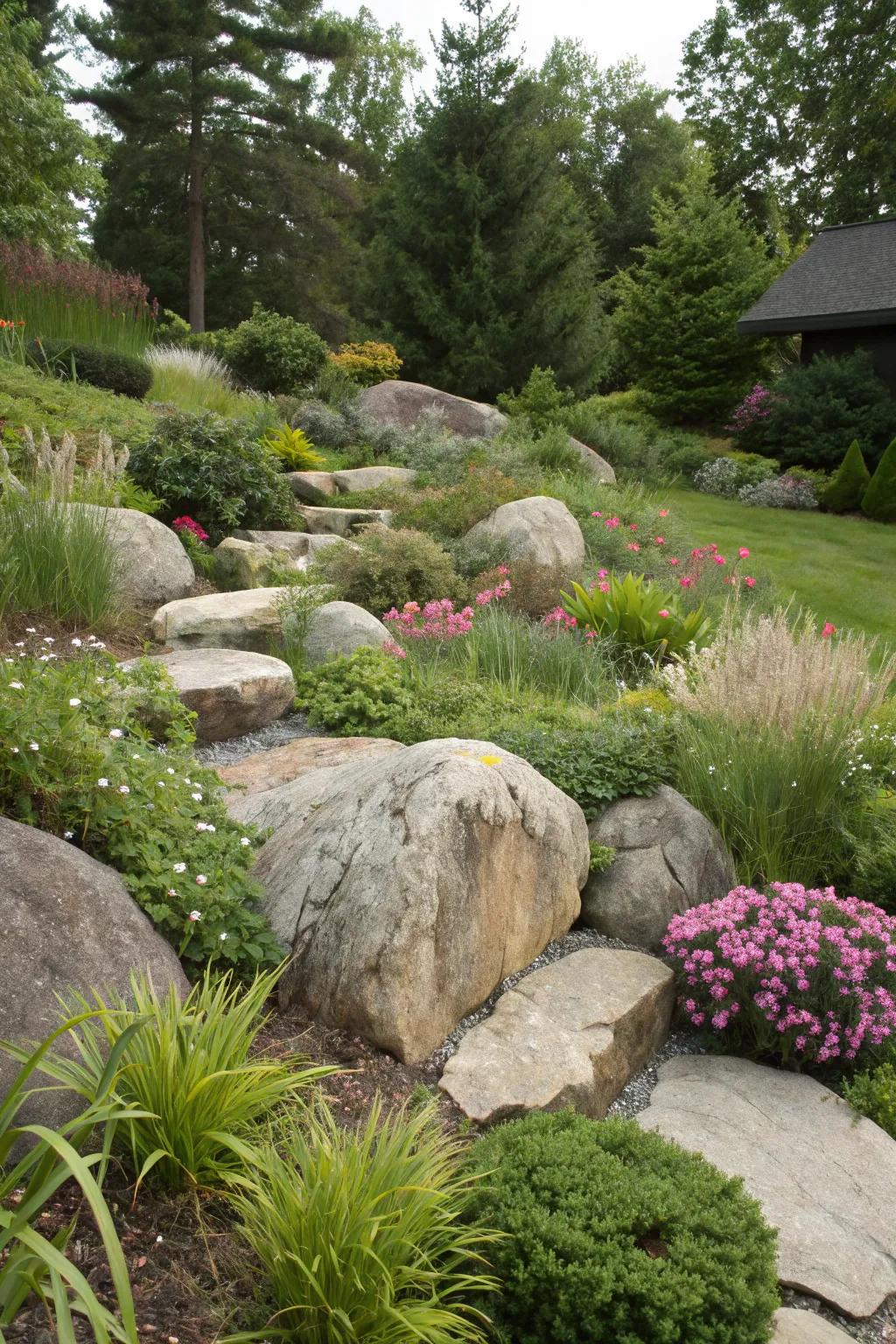 Textured boulders blending organically into garden landscape.