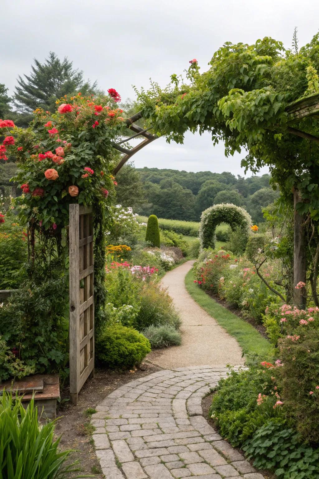 A beautifully structured garden entryway adorned with plants.