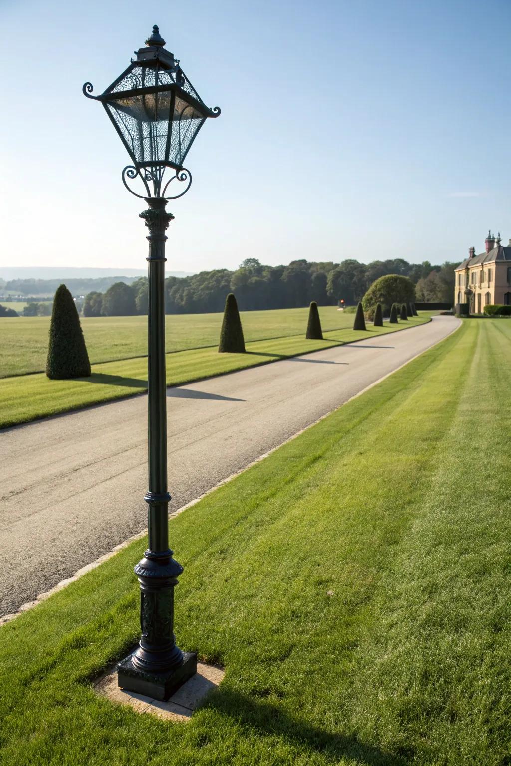 Tall, resilient lighting designs for expansive driveways.