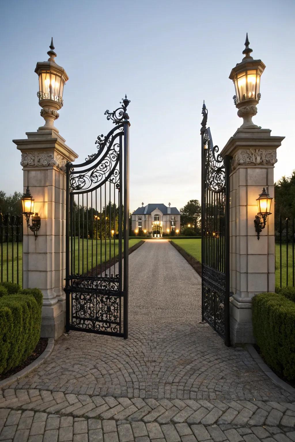 Gate lighting enhances both security and aesthetic appeal.