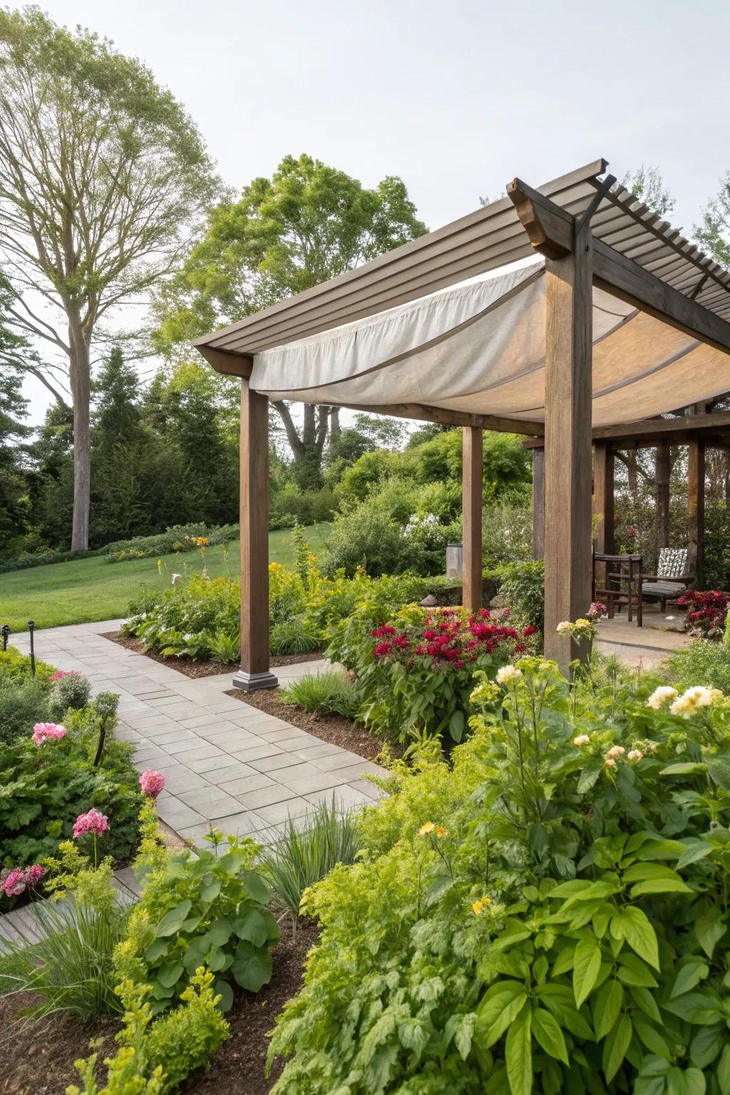 A pergola enhanced with shade cloth offers style and comfort.
