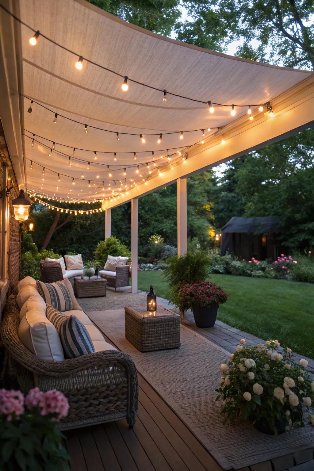 Shade cloths with string lights create a magical evening ambiance.