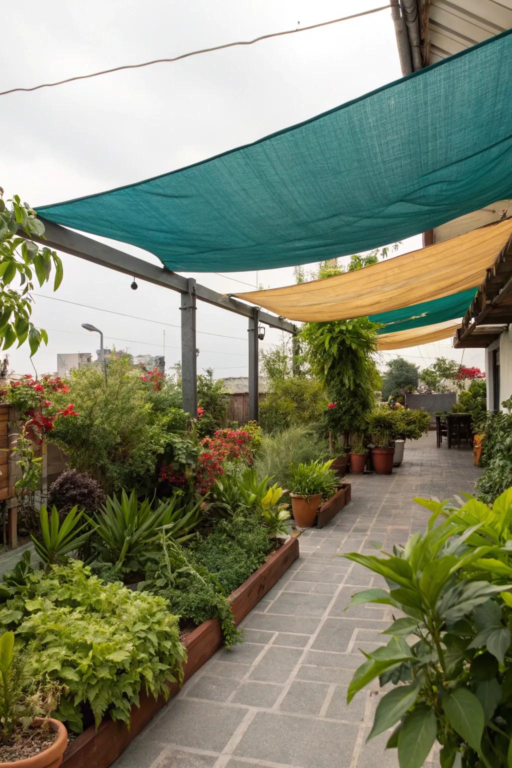 Sheltered plants under shade cloths add greenery and protection.