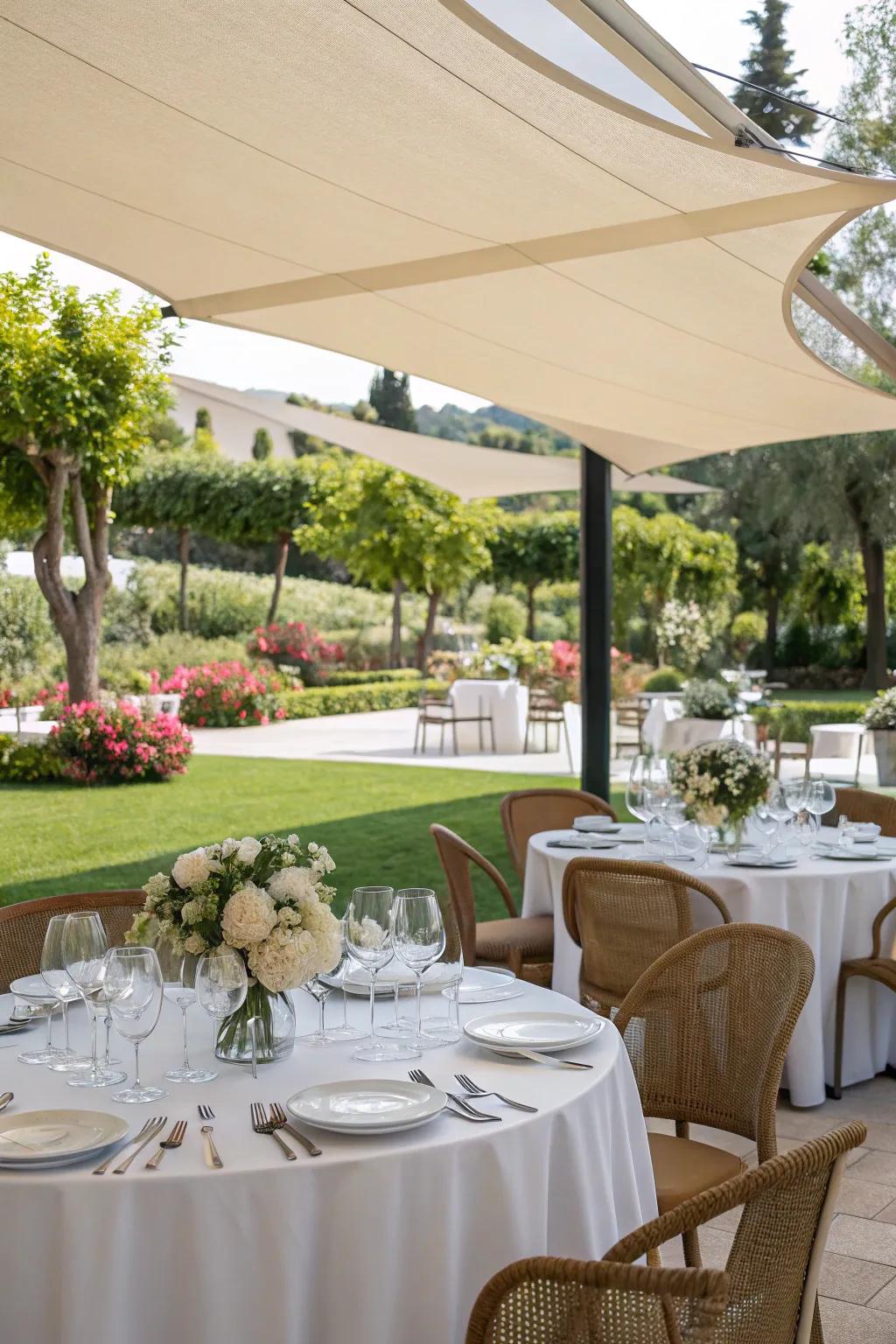 A shade sail creates an elegant dining ambiance outdoors.