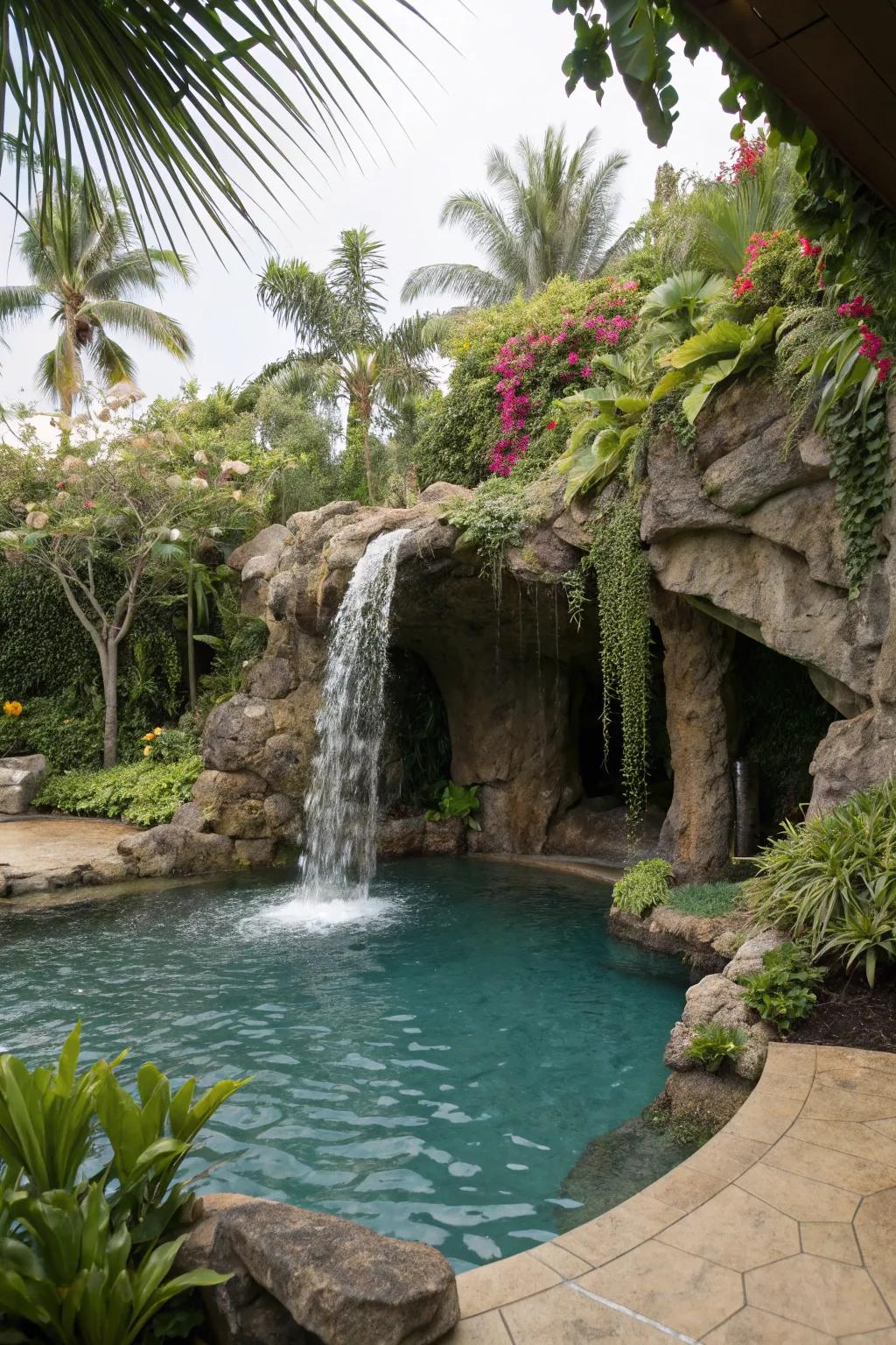 A waterfall adds a touch of magic to any grotto setting.