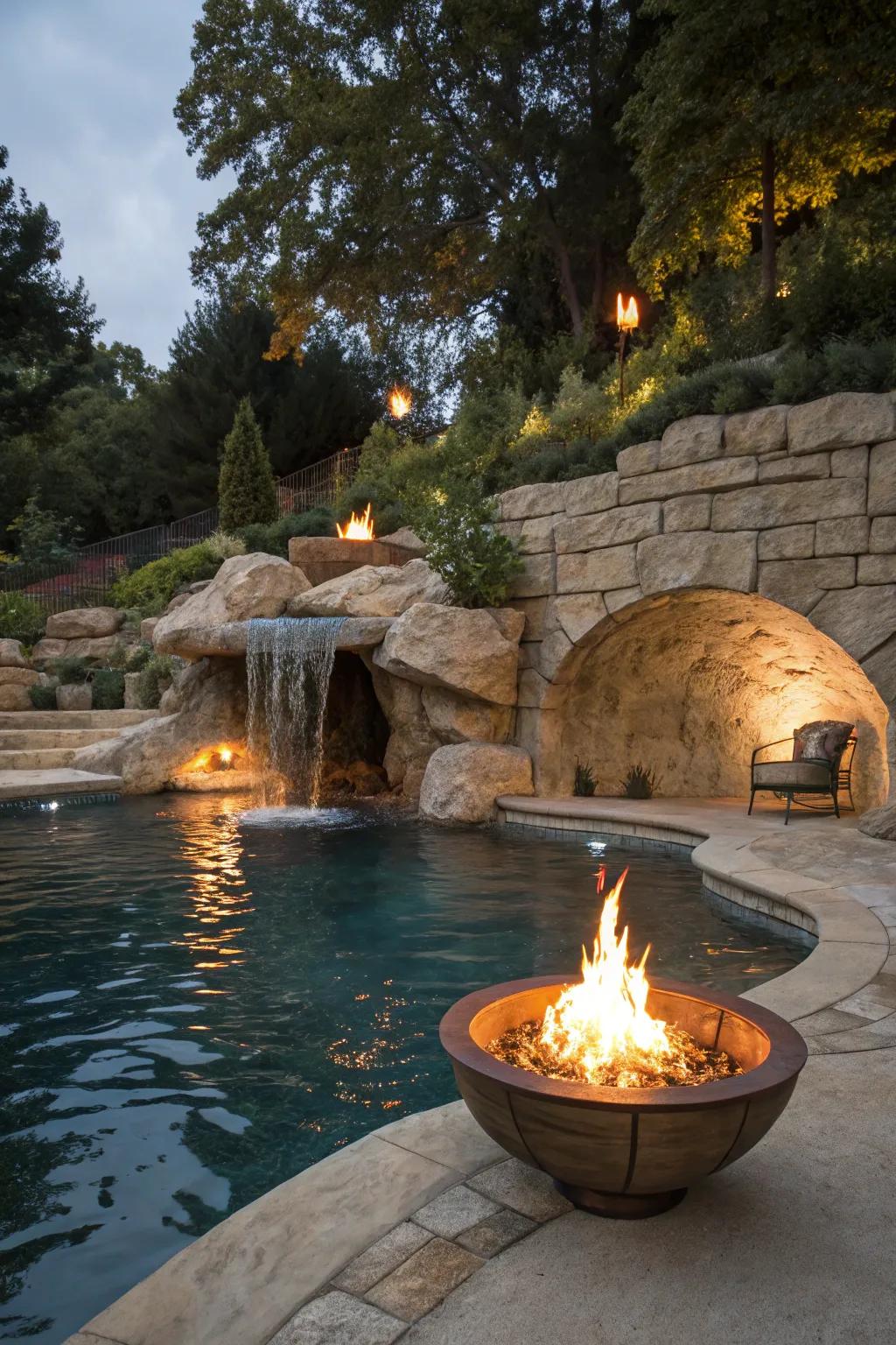 Fire features add warmth and drama to pool grottos.