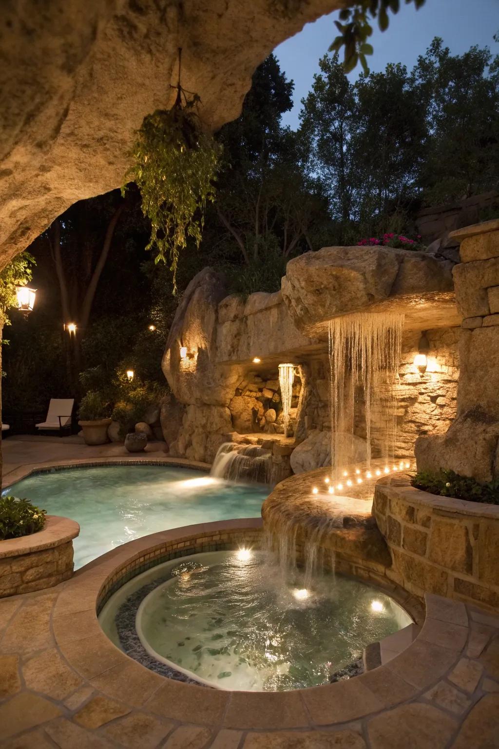 A hidden hot tub within a grotto offers ultimate relaxation.