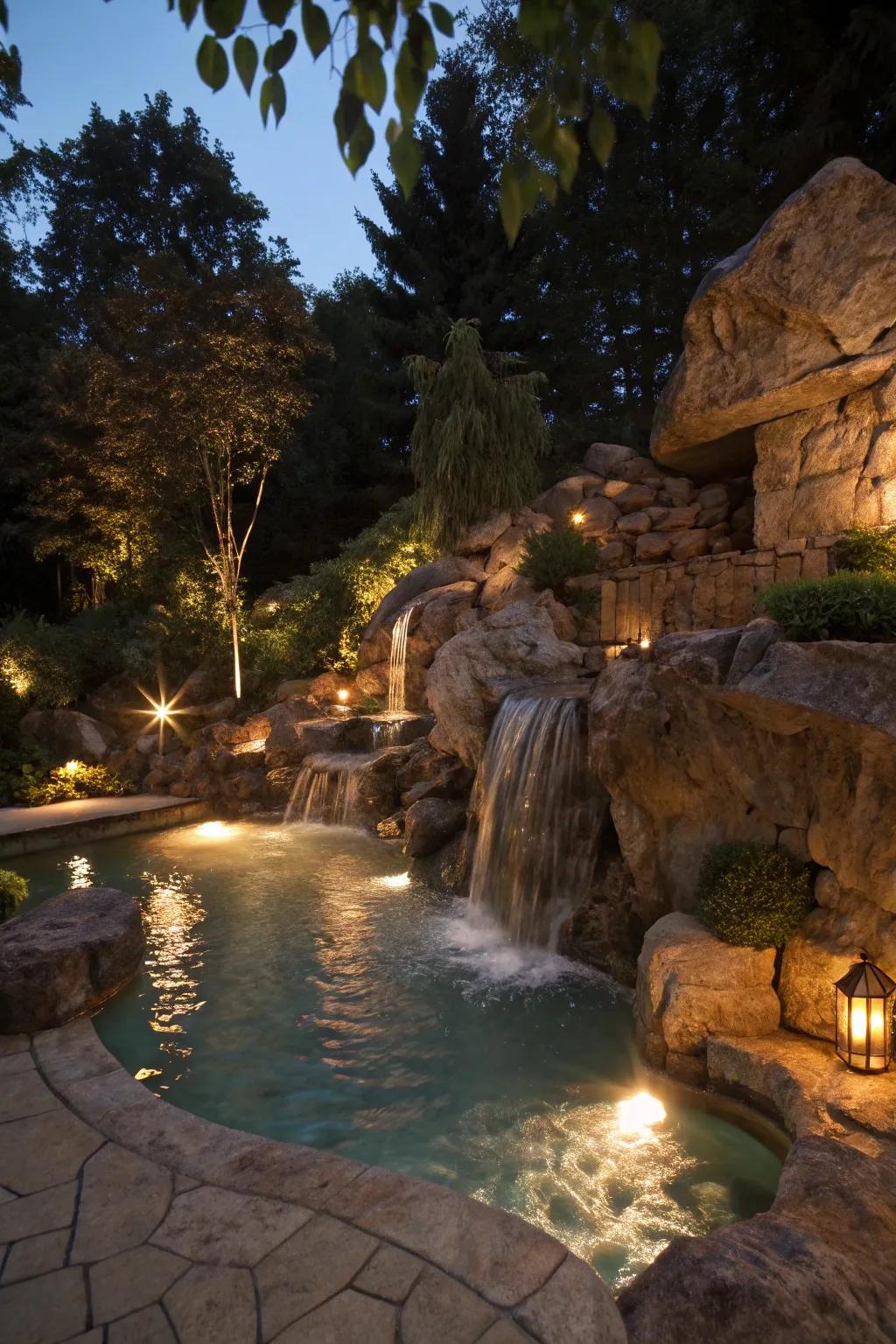 Ambient lighting enhances the beauty of a grotto at night.