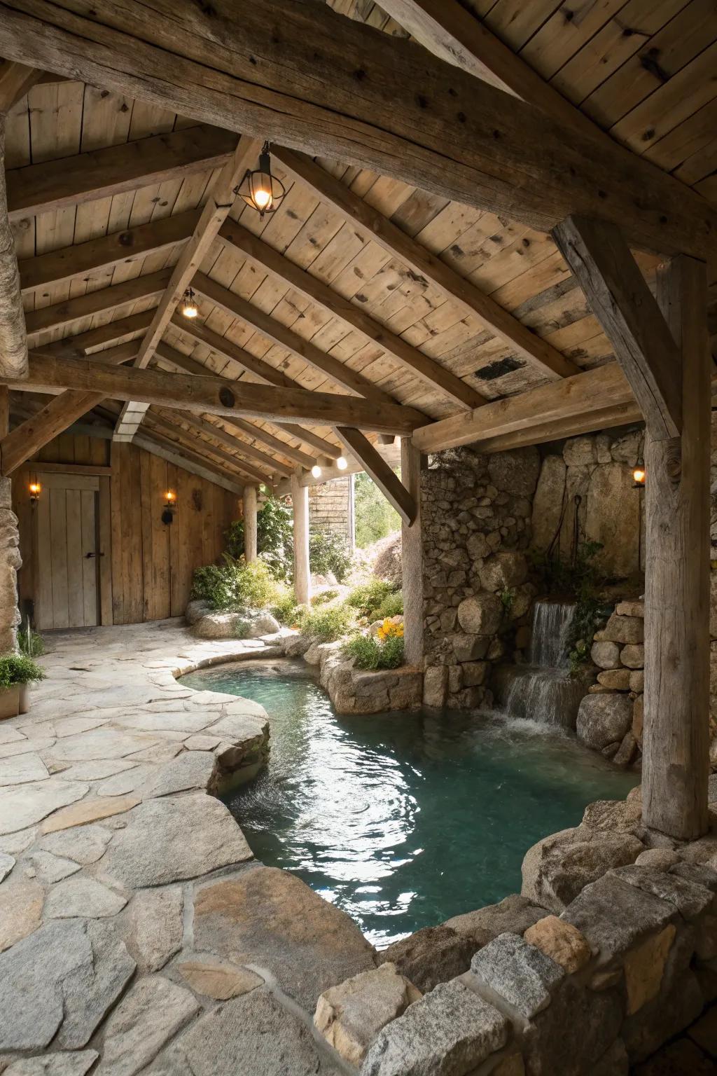 Rustic elements bring warmth to a pool grotto.