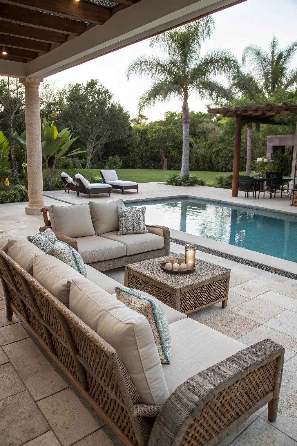 A cozy lounge area complements the side pool.