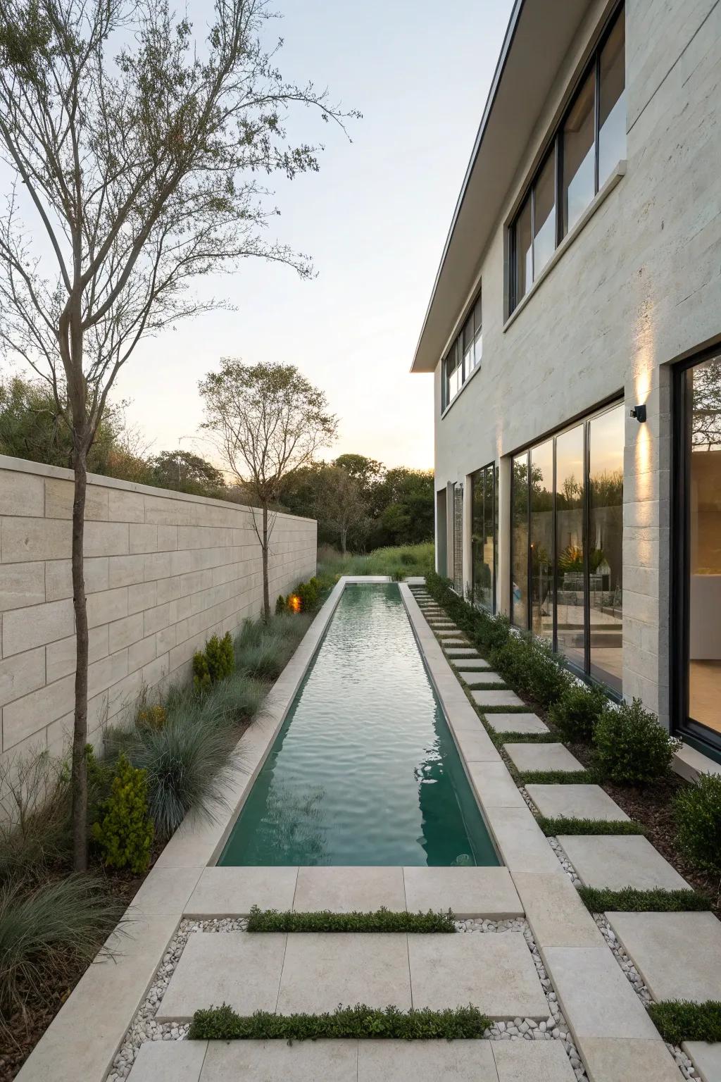 Smart use of narrow spaces for a sleek pool.