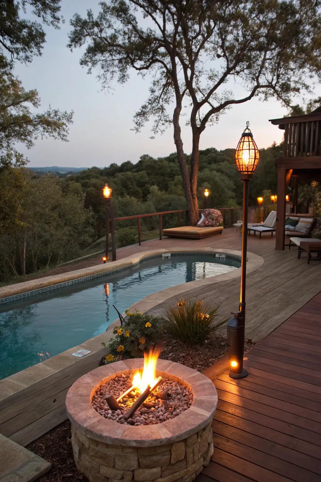 Fire elements add warmth and drama to poolside.