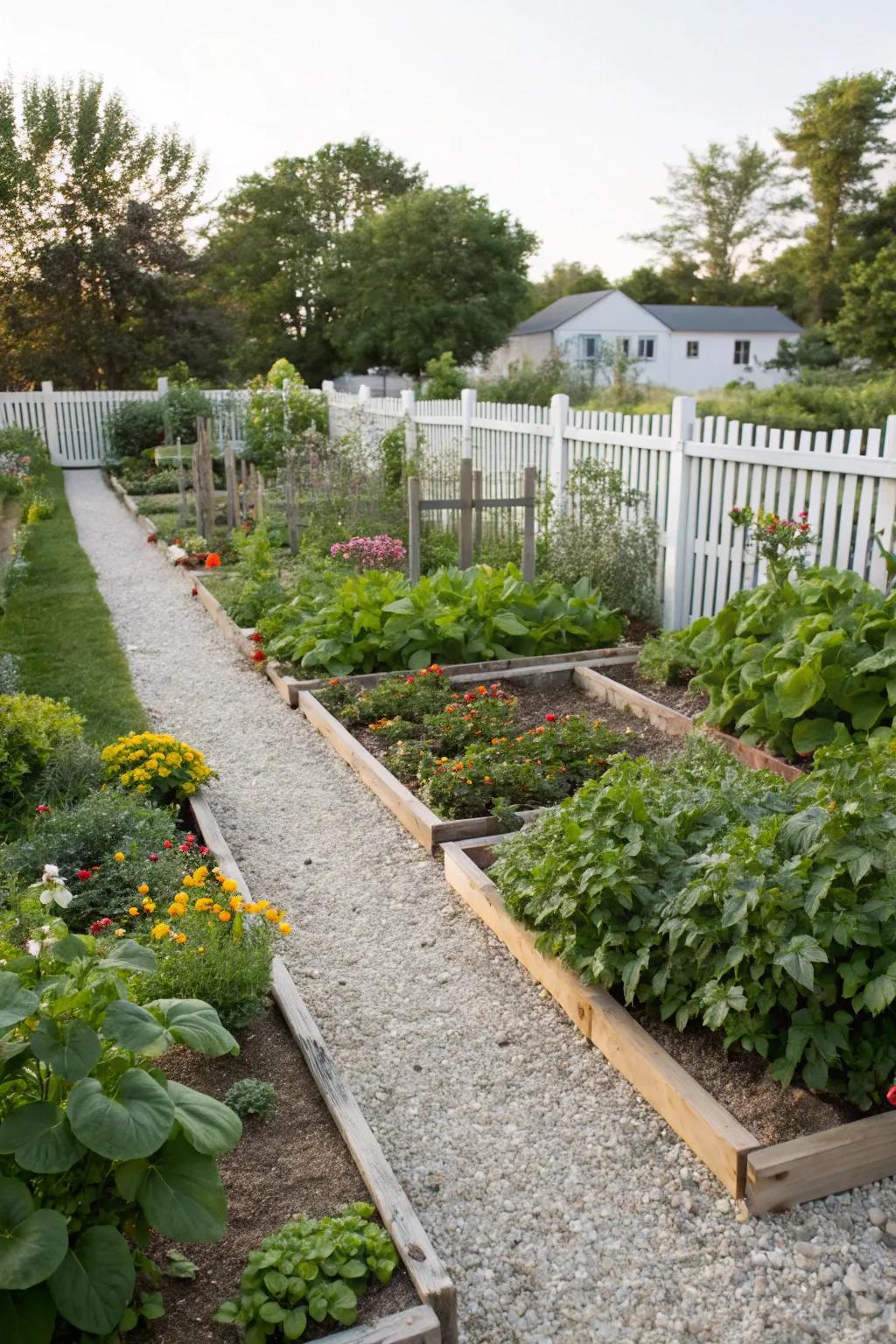 Inviting pathways provide easy access and organization within the garden.