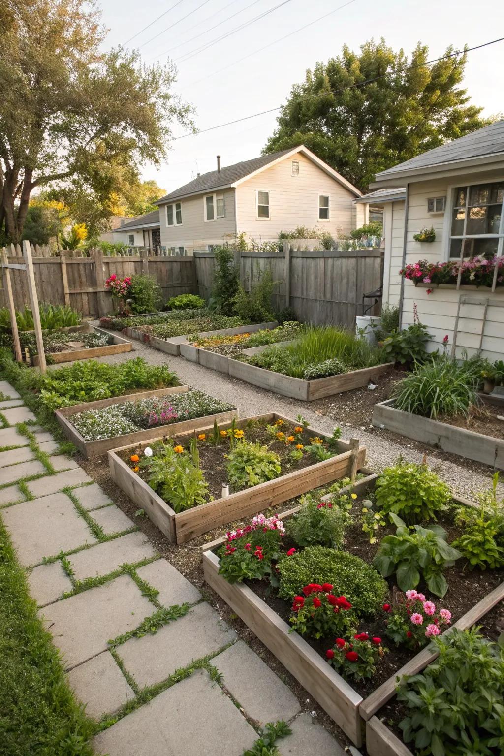 A compact garden layout with square plots maximizing space and yield.