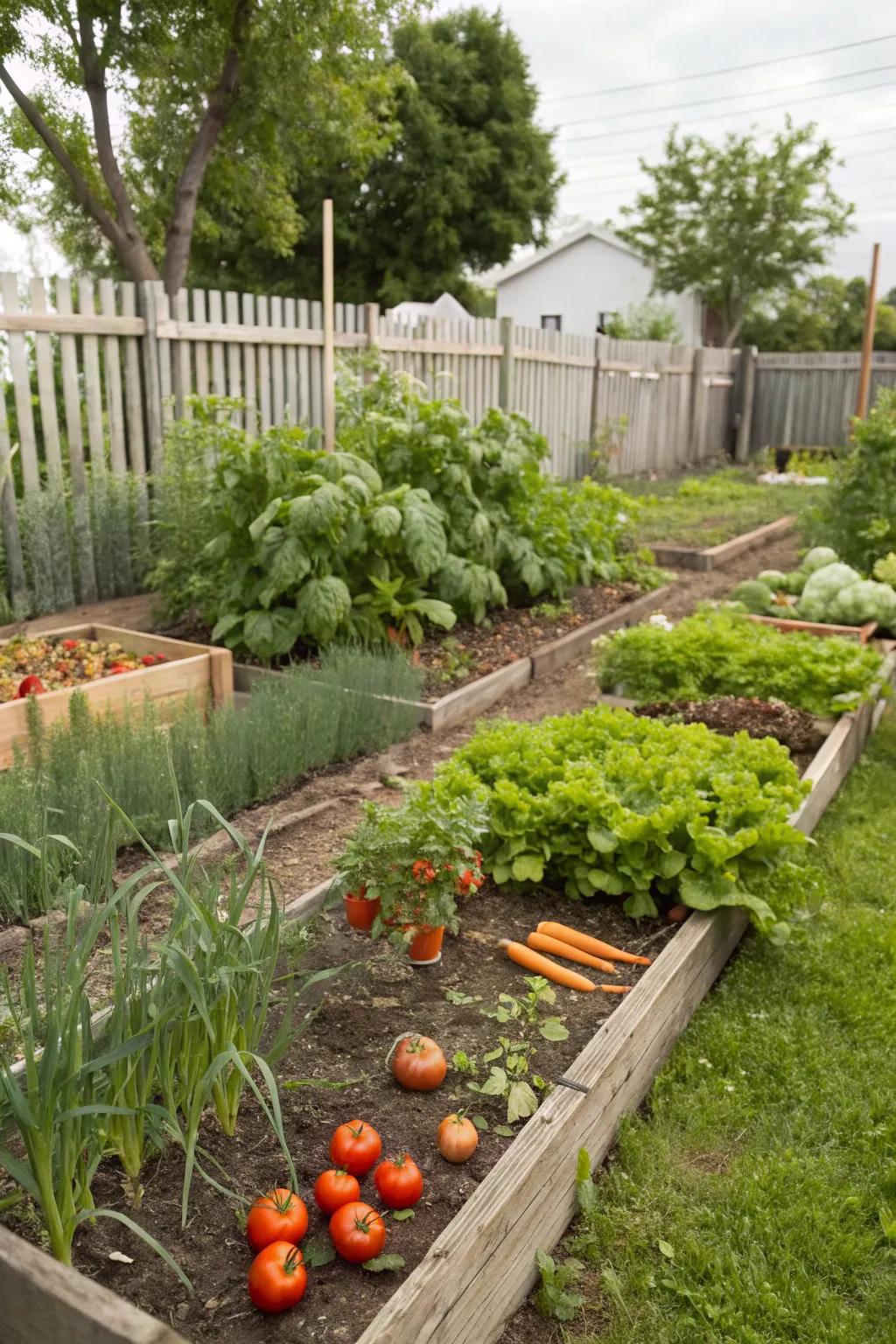 Succession planting keeps the garden continually lush and productive.