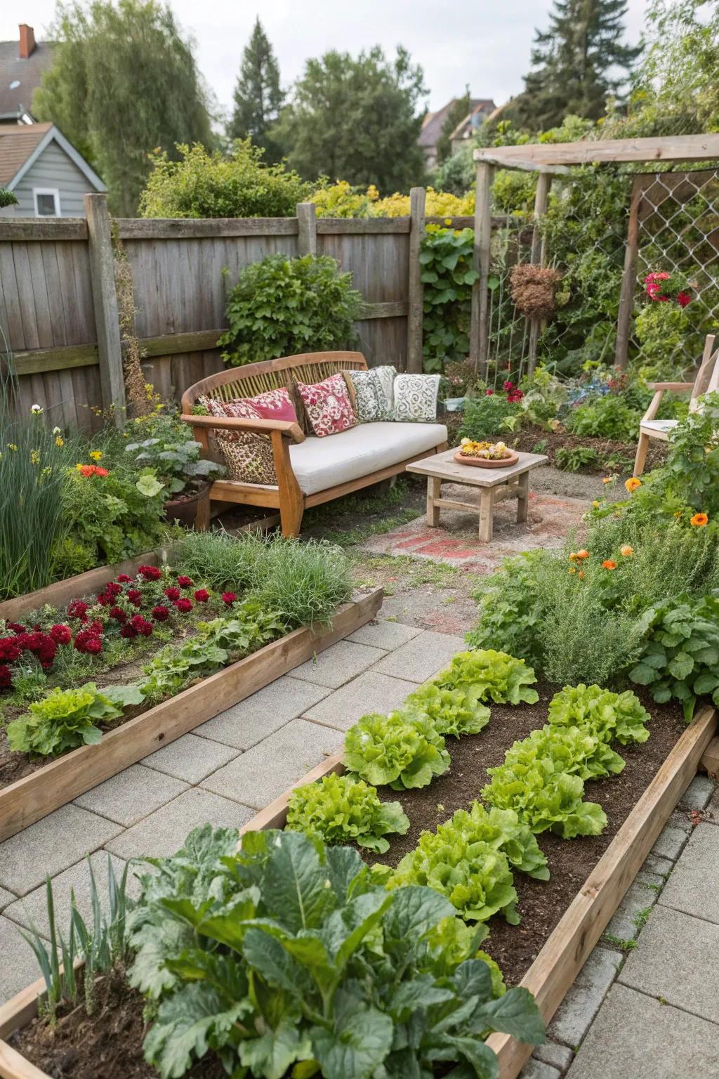 A peaceful seating area nestled within the vegetable garden for relaxation.