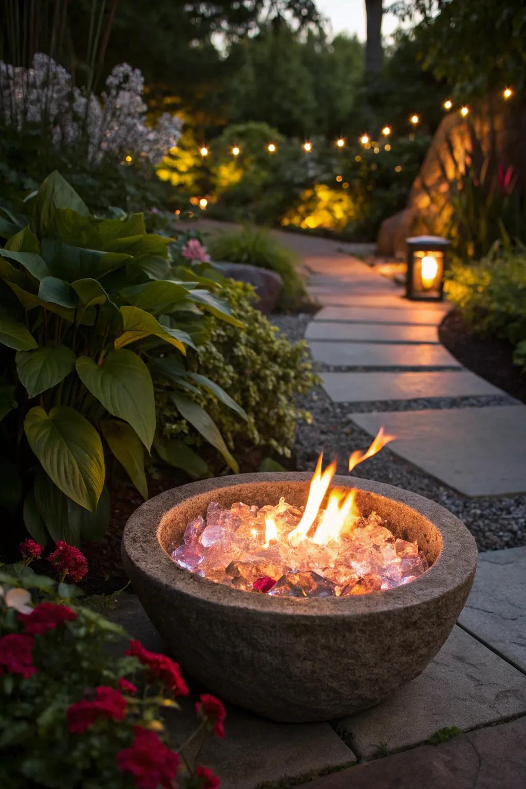 Crystal clear lava glass illuminating a fire pit with radiant glow.