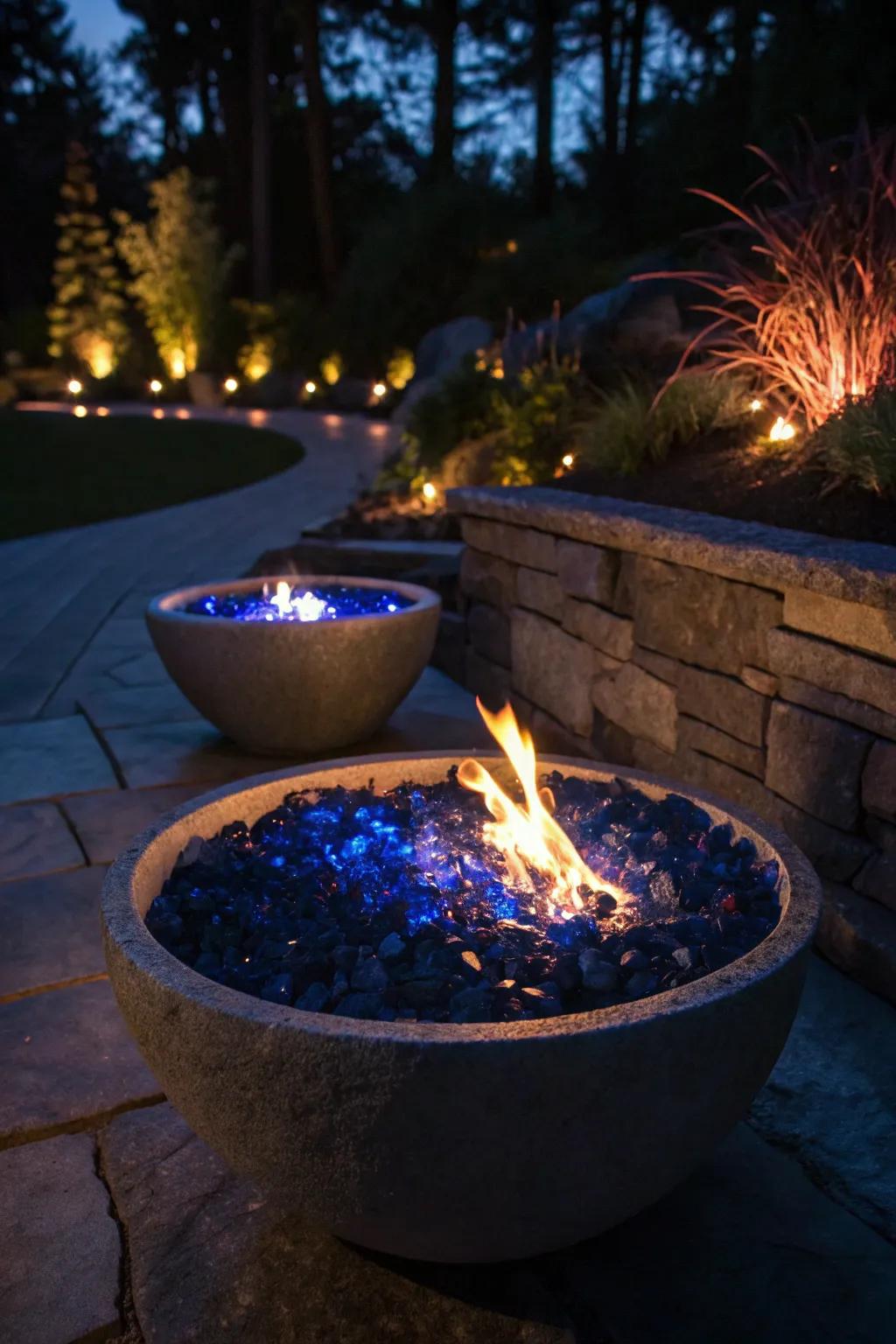 Midnight blue lava glass adding drama to a fire pit setting.