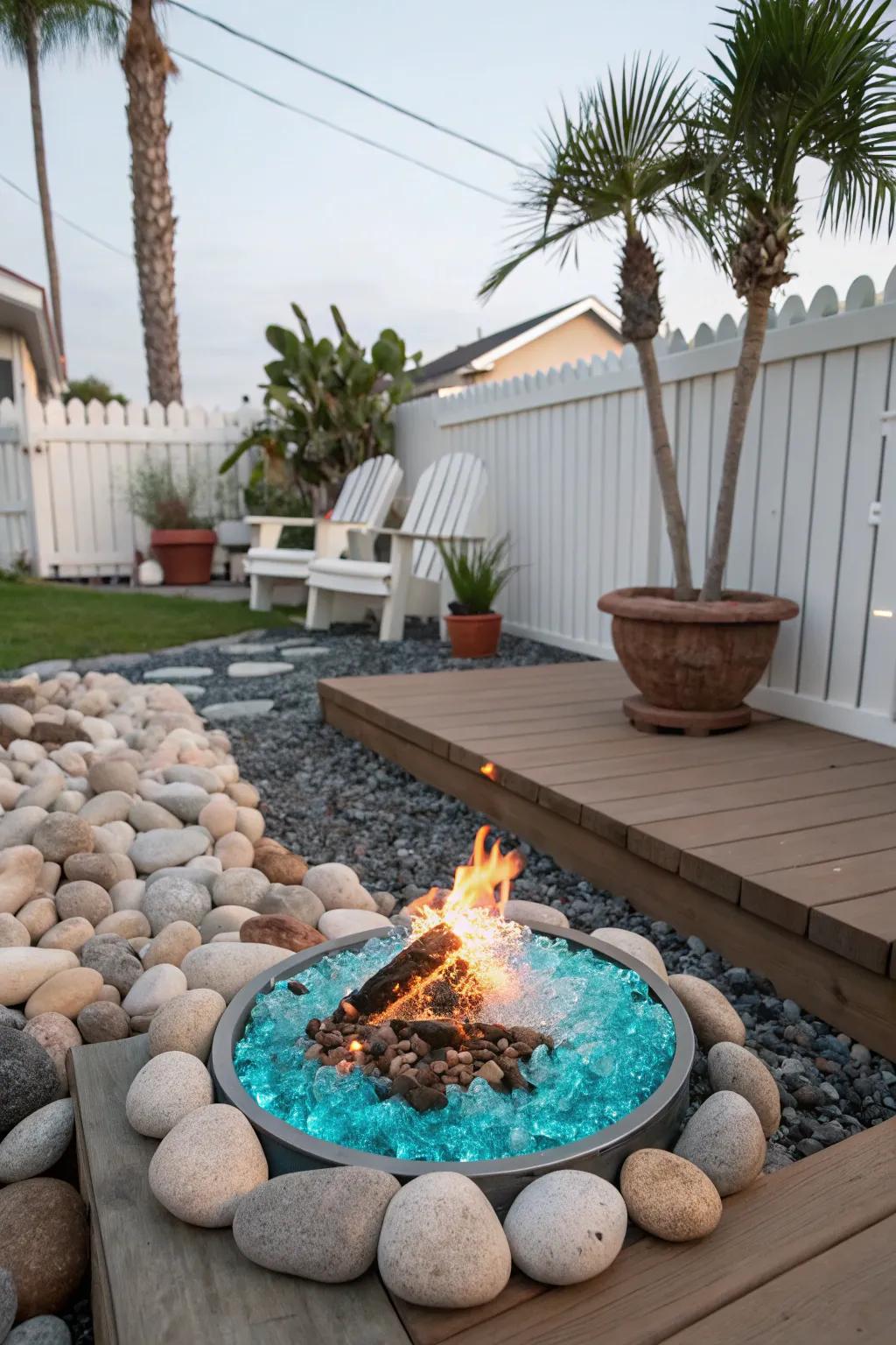 Aqua lava glass giving this fire pit a fresh coastal touch.