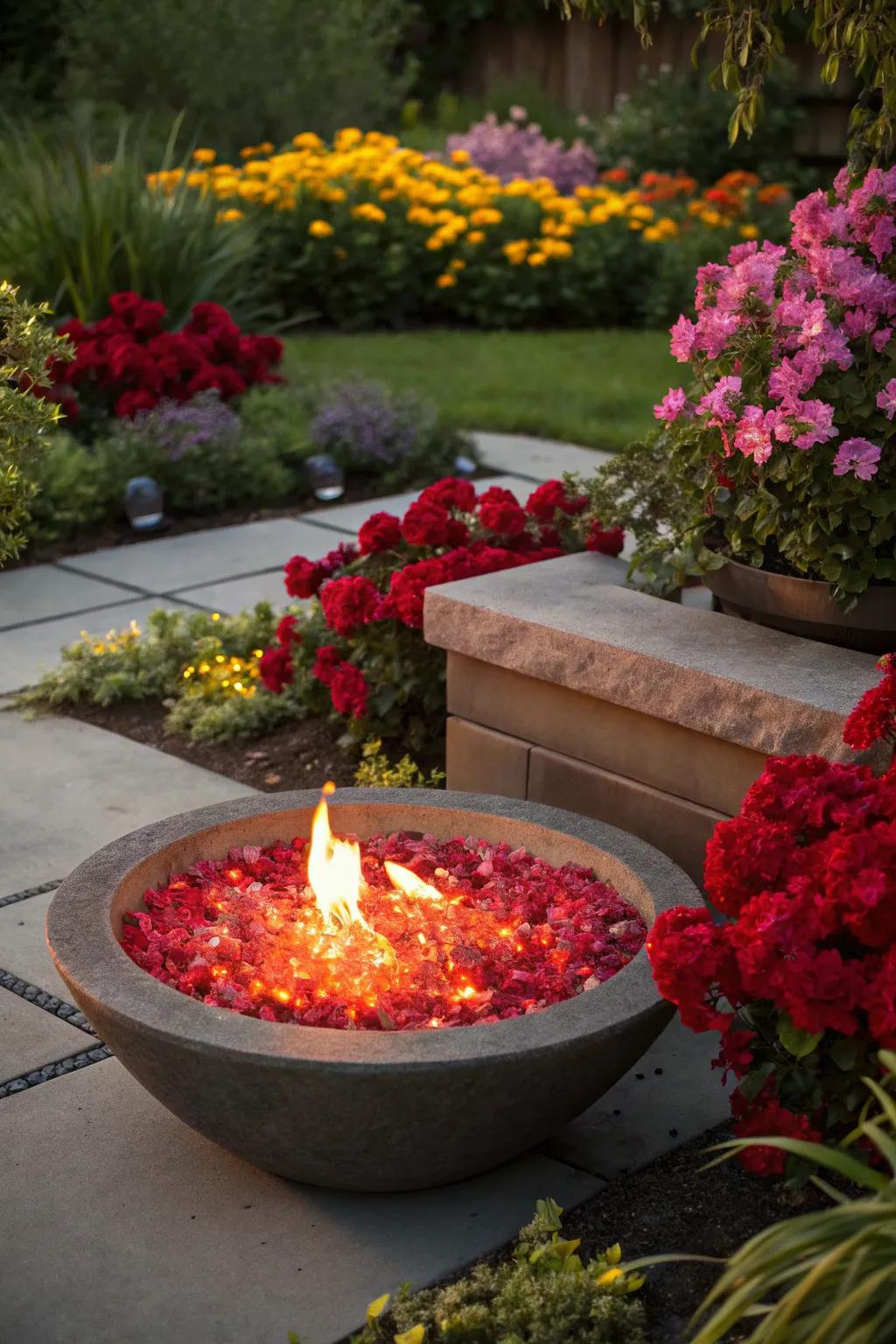 Red lava glass making a bold statement in a garden fire pit.