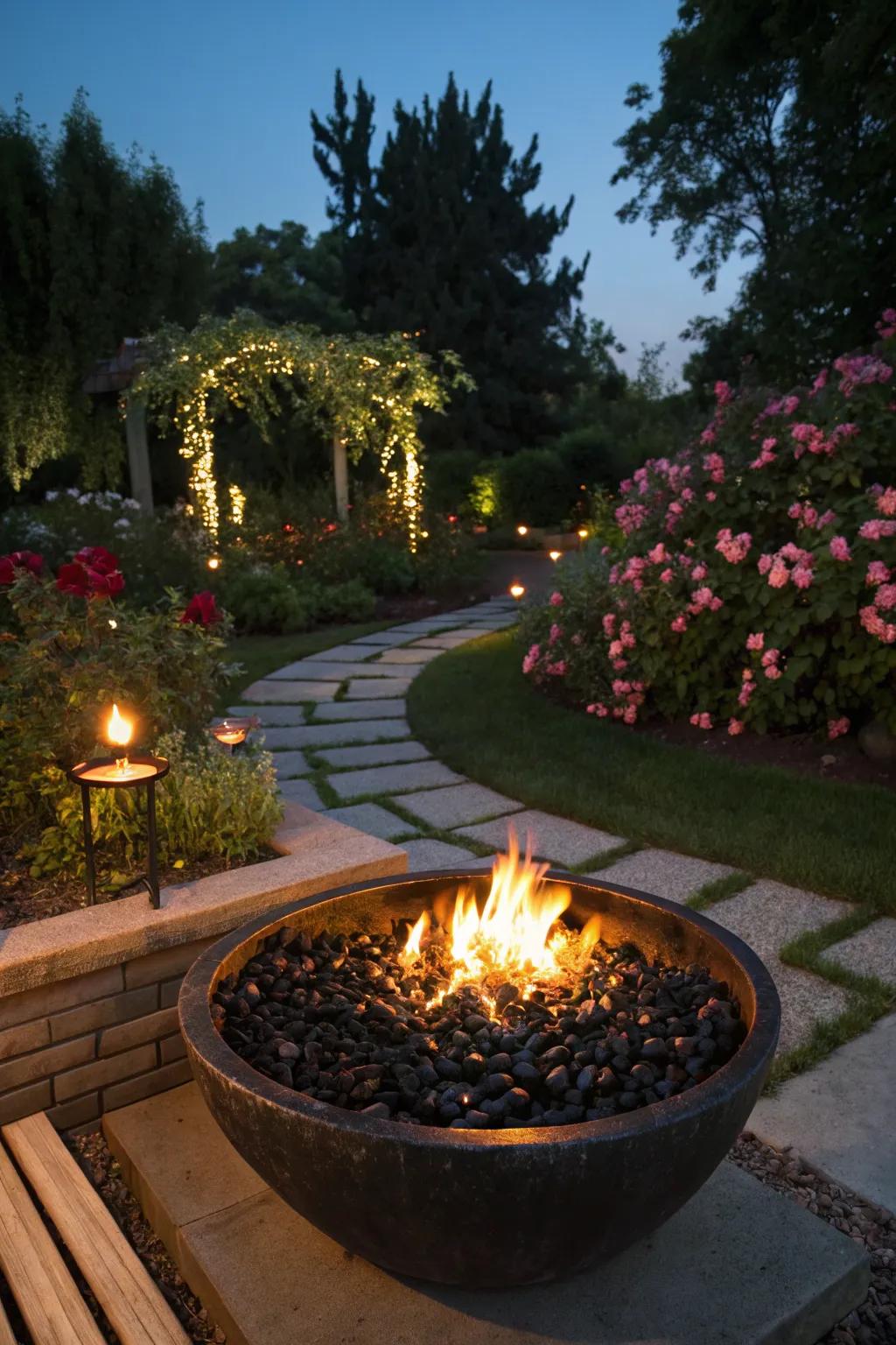 A fire pit glistening with reflective black lava glass, creating a starry night effect.