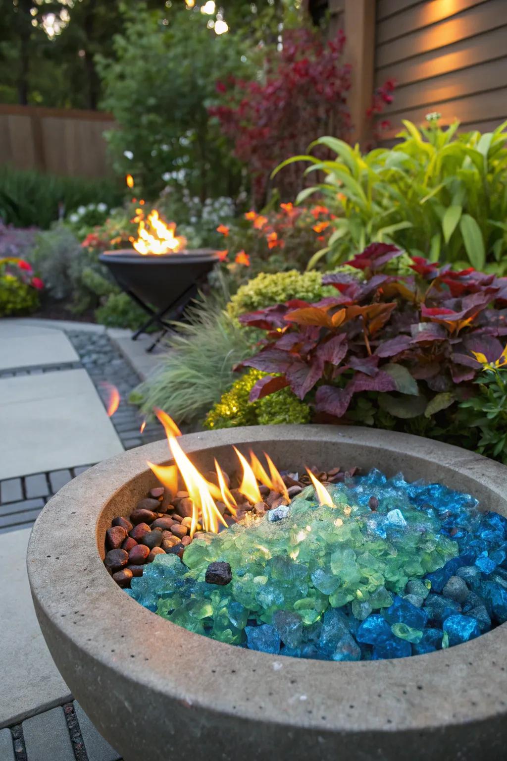 A custom mix of lava glass colors creating a vibrant fire pit display.