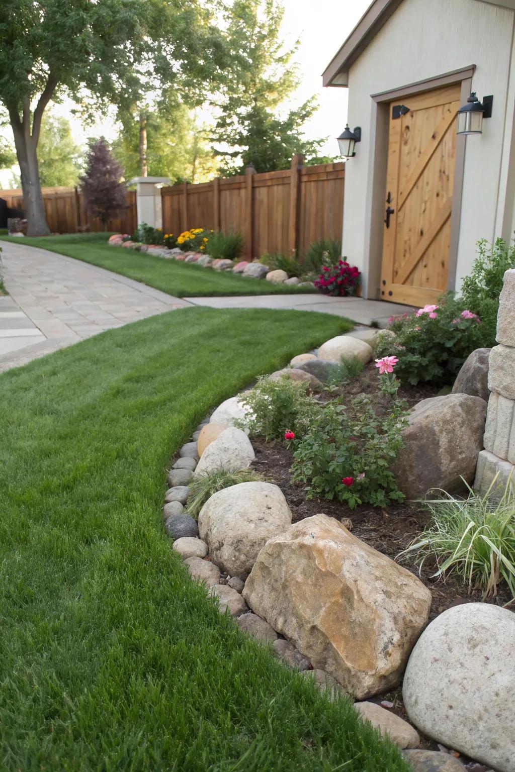 Large stones create a natural and effective barrier for this front yard.