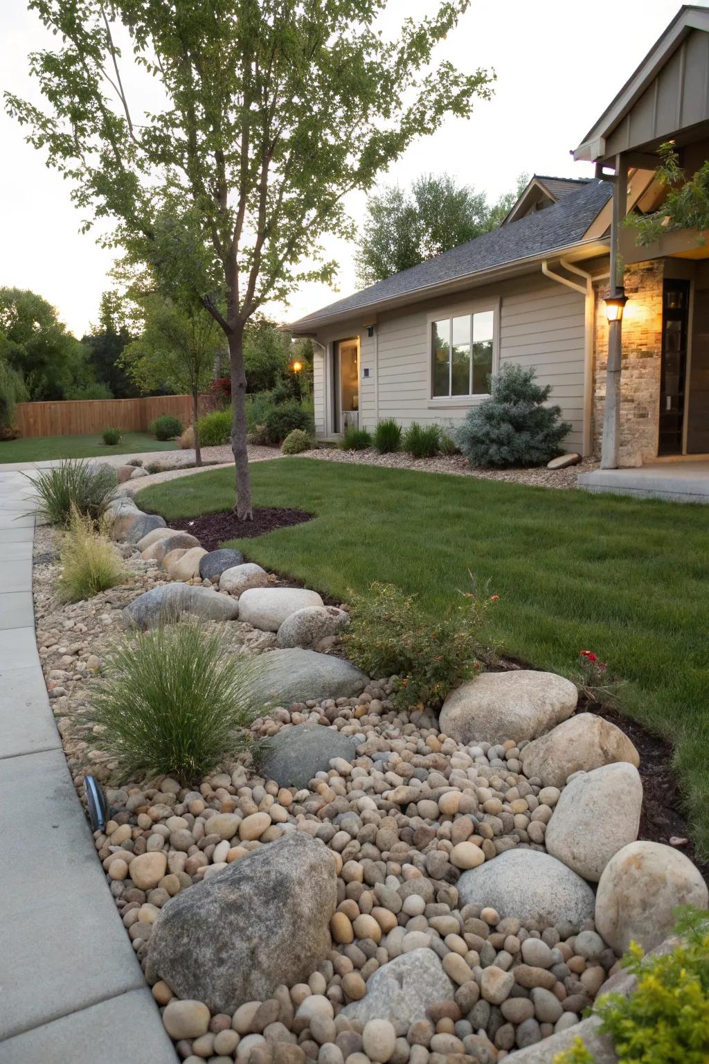 A rock garden offers tranquility and protection for the lawn.