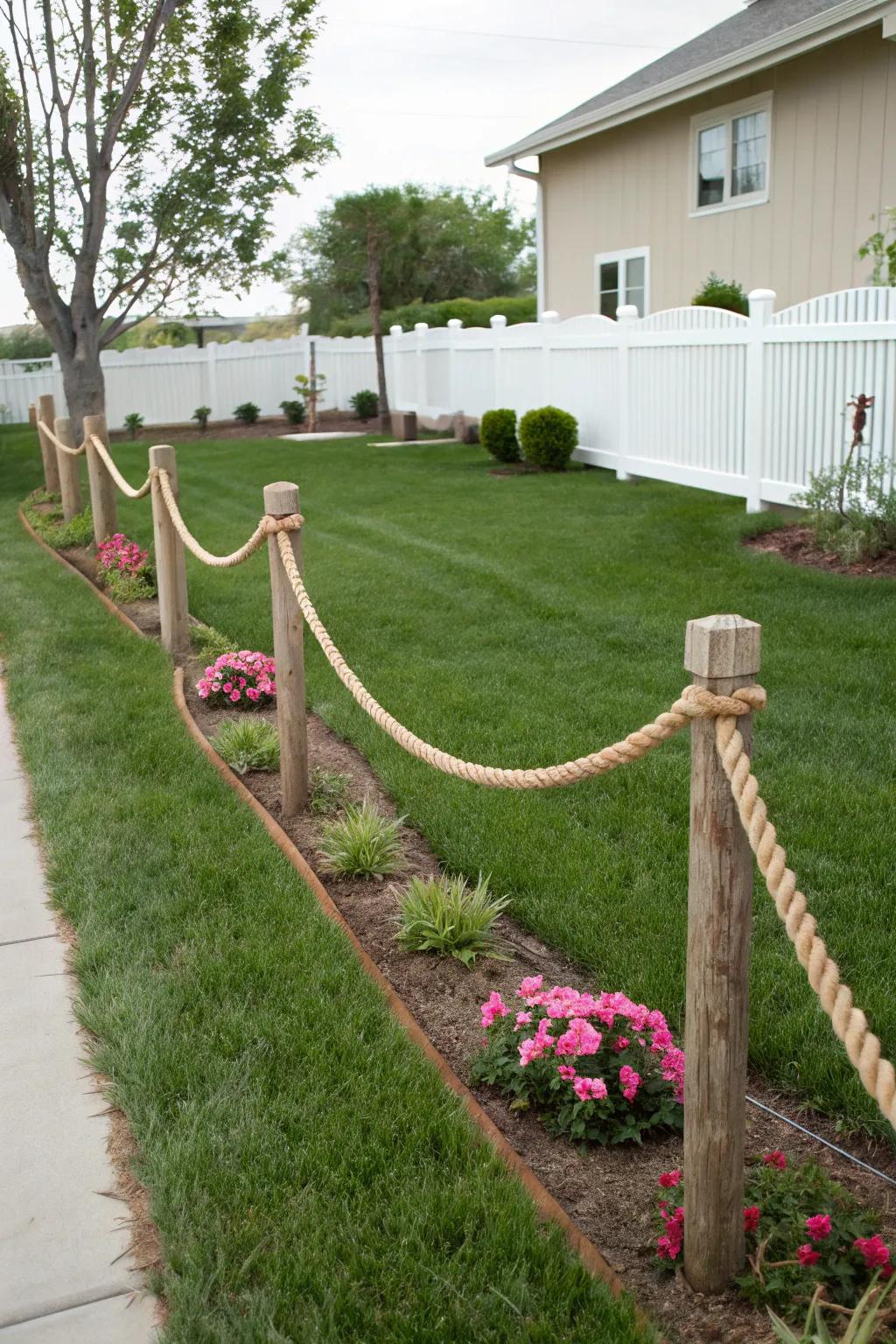 Rope fencing adds a unique, nautical touch to this front yard.