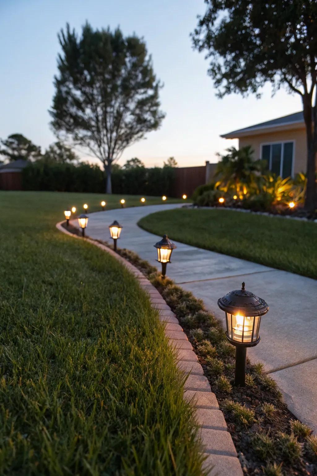 Solar lights provide a magical and practical boundary for this lawn.