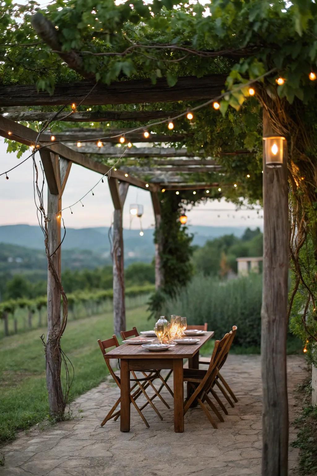 Dining under a rustic pergola illuminated by string lights.