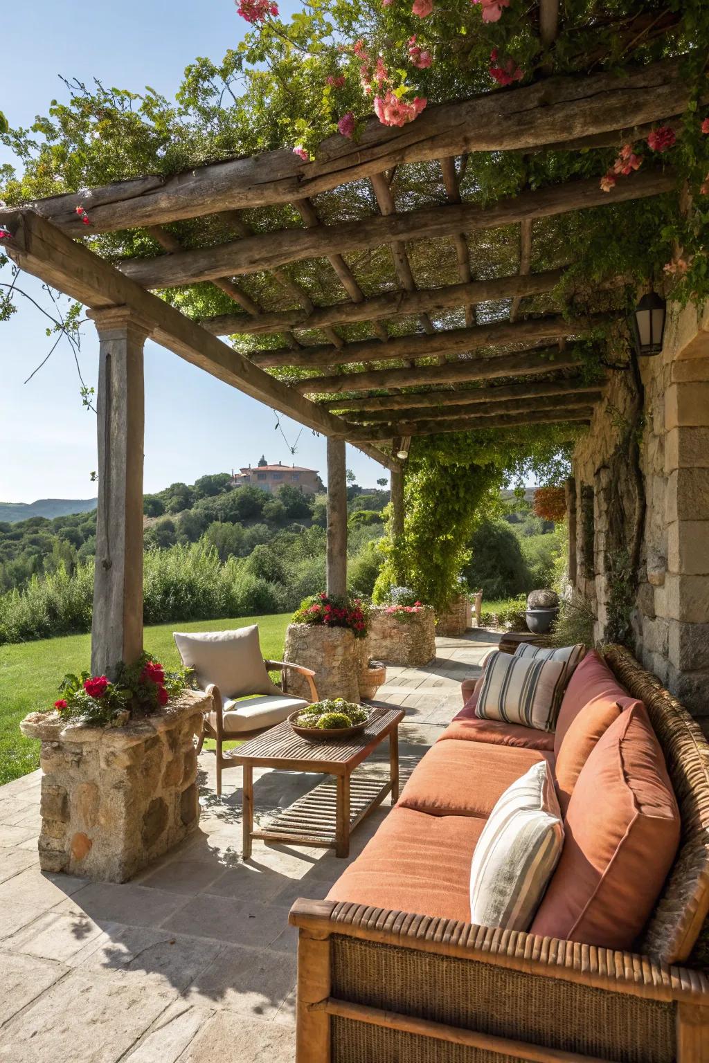 An outdoor living room under a rustic pergola.