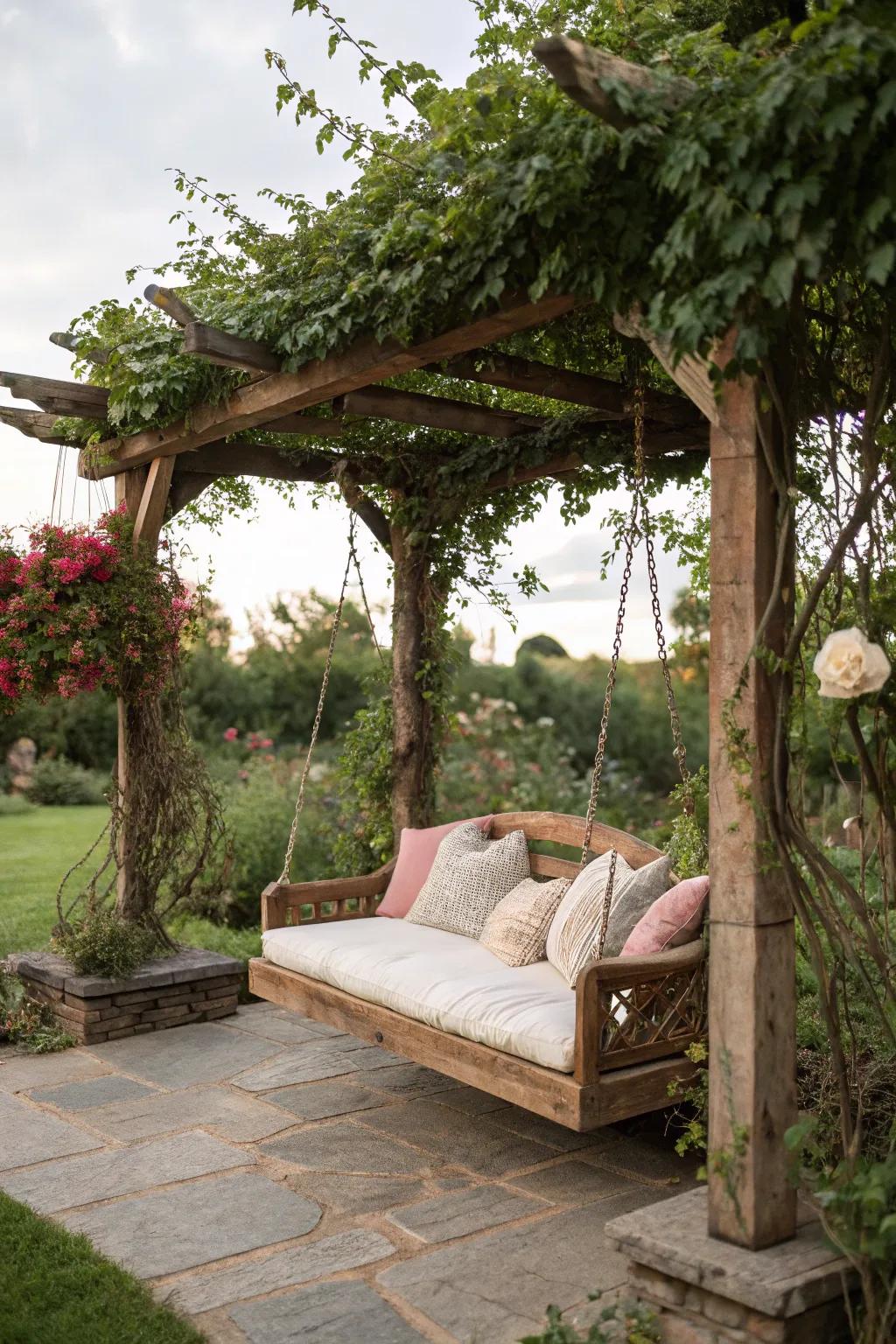 A charming swing under a rustic pergola.