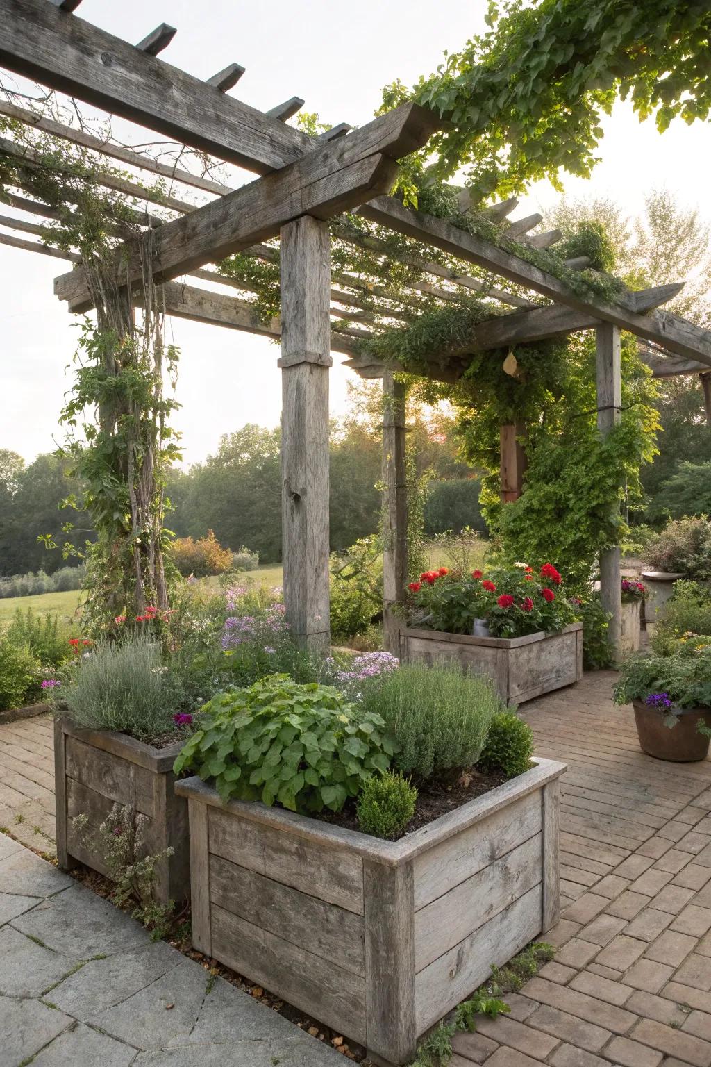 A fragrant garden of herbs and flowers around the pergola.