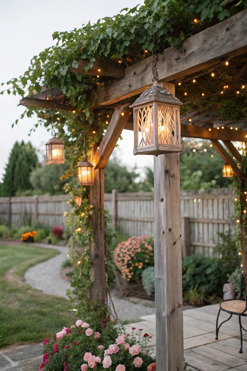A beautifully lit rustic pergola in the evening.