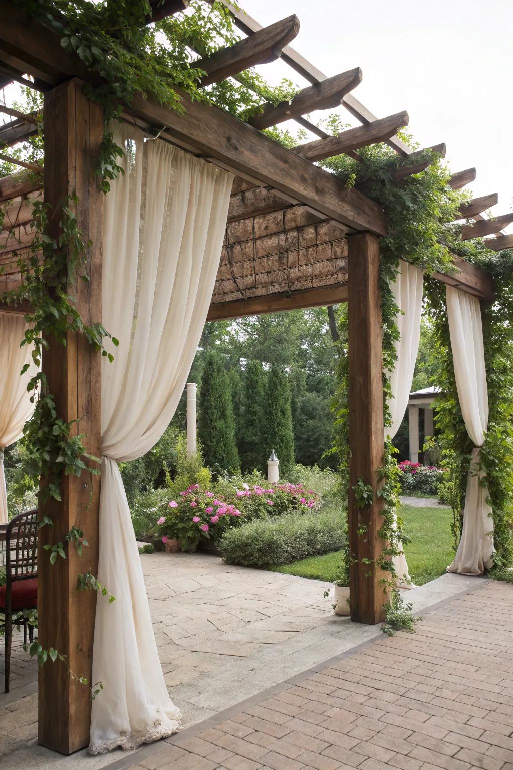 A secluded pergola with privacy curtains.