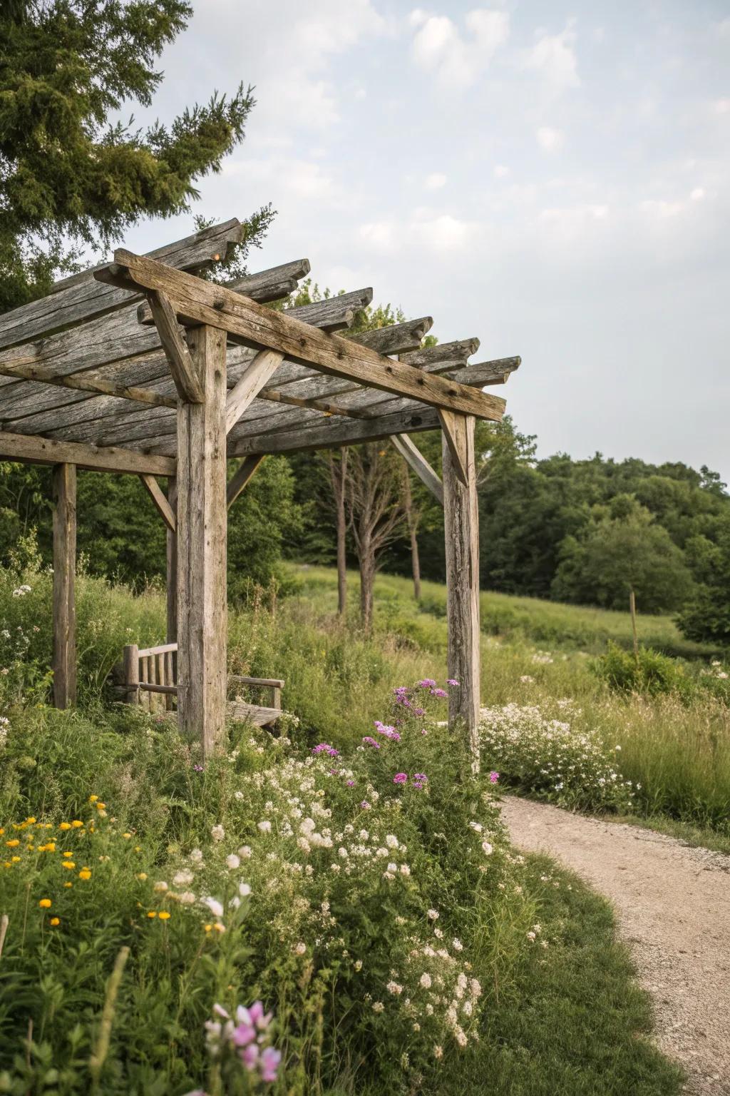 A sustainable rustic pergola made from reclaimed wood.