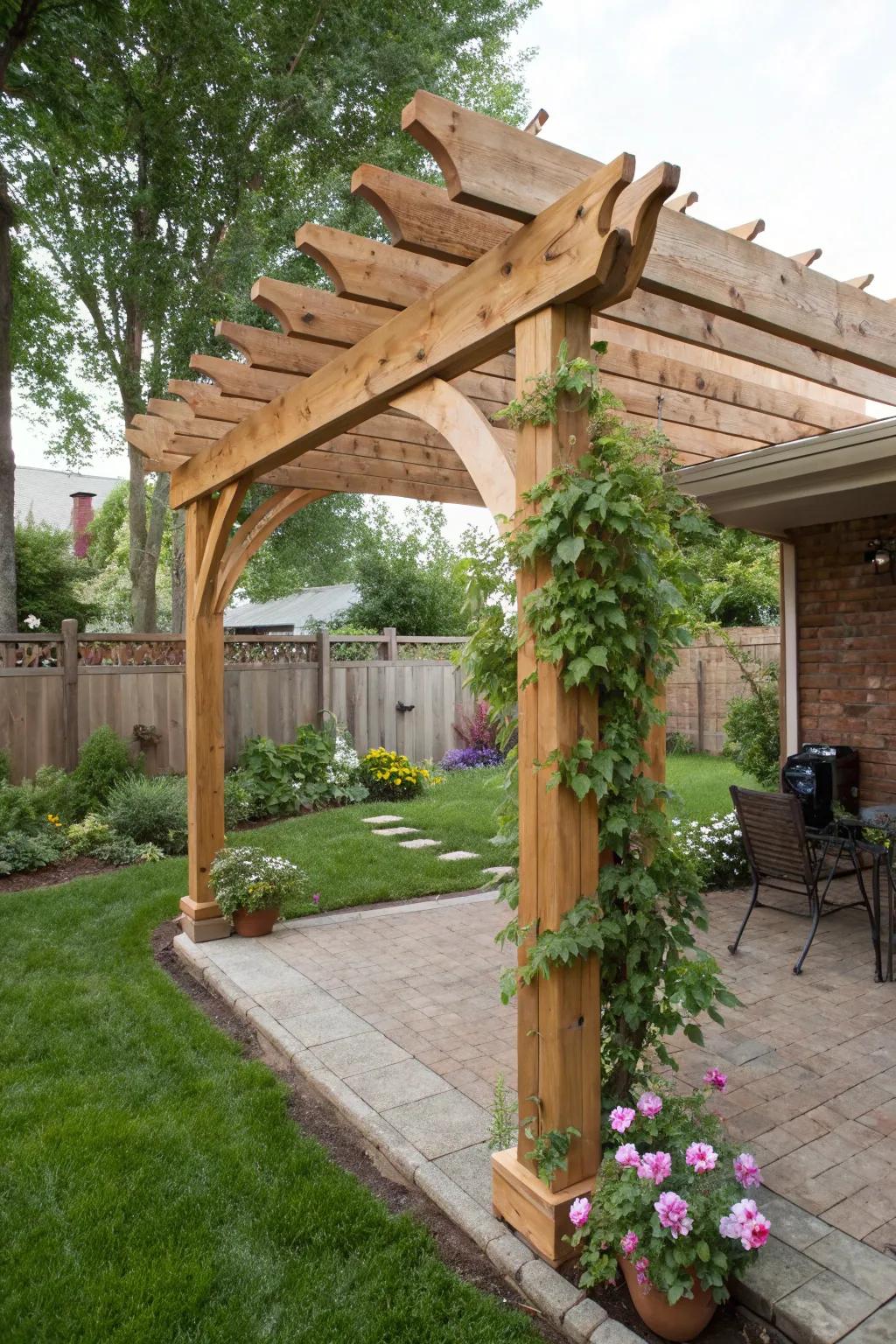 Natural wood pergola creating a cozy retreat.