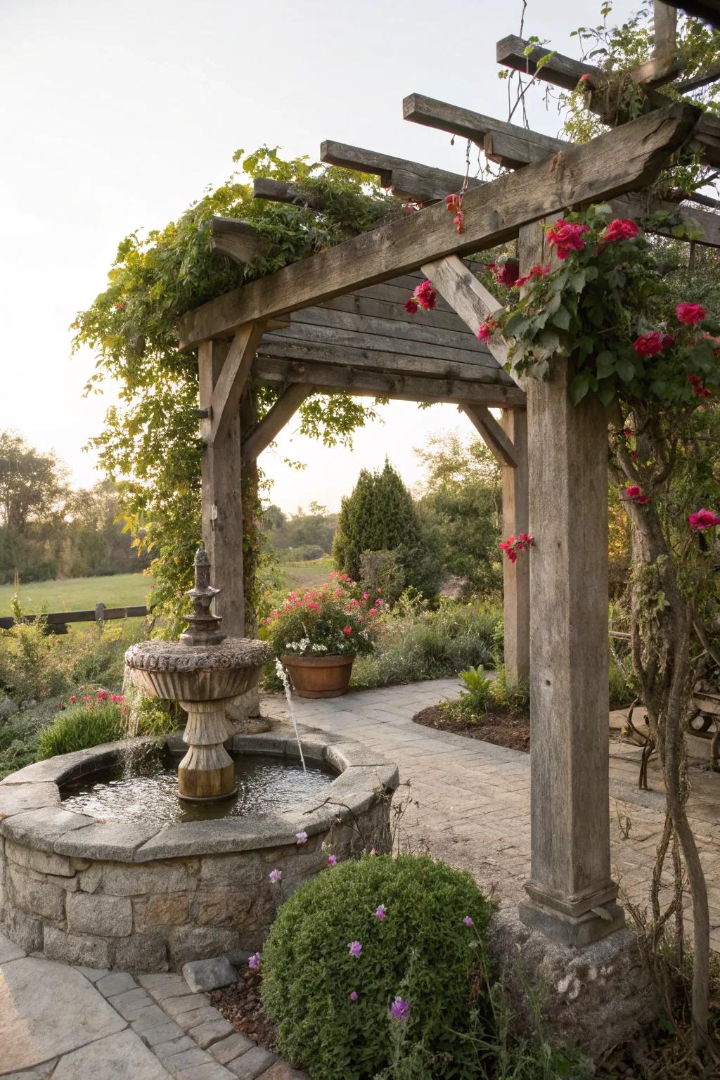 A soothing water feature complements the rustic pergola.