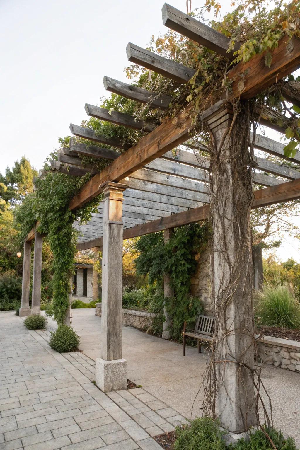 A pergola with an eclectic mix of materials.