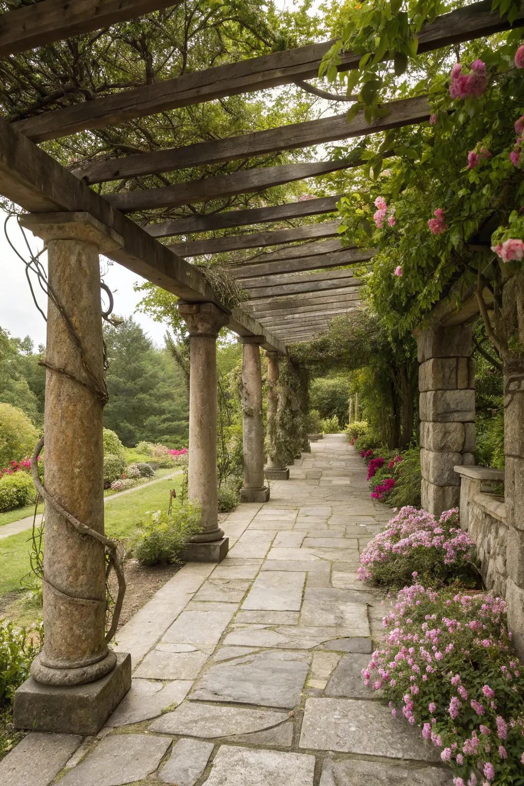 Stone elements complementing a rustic pergola.