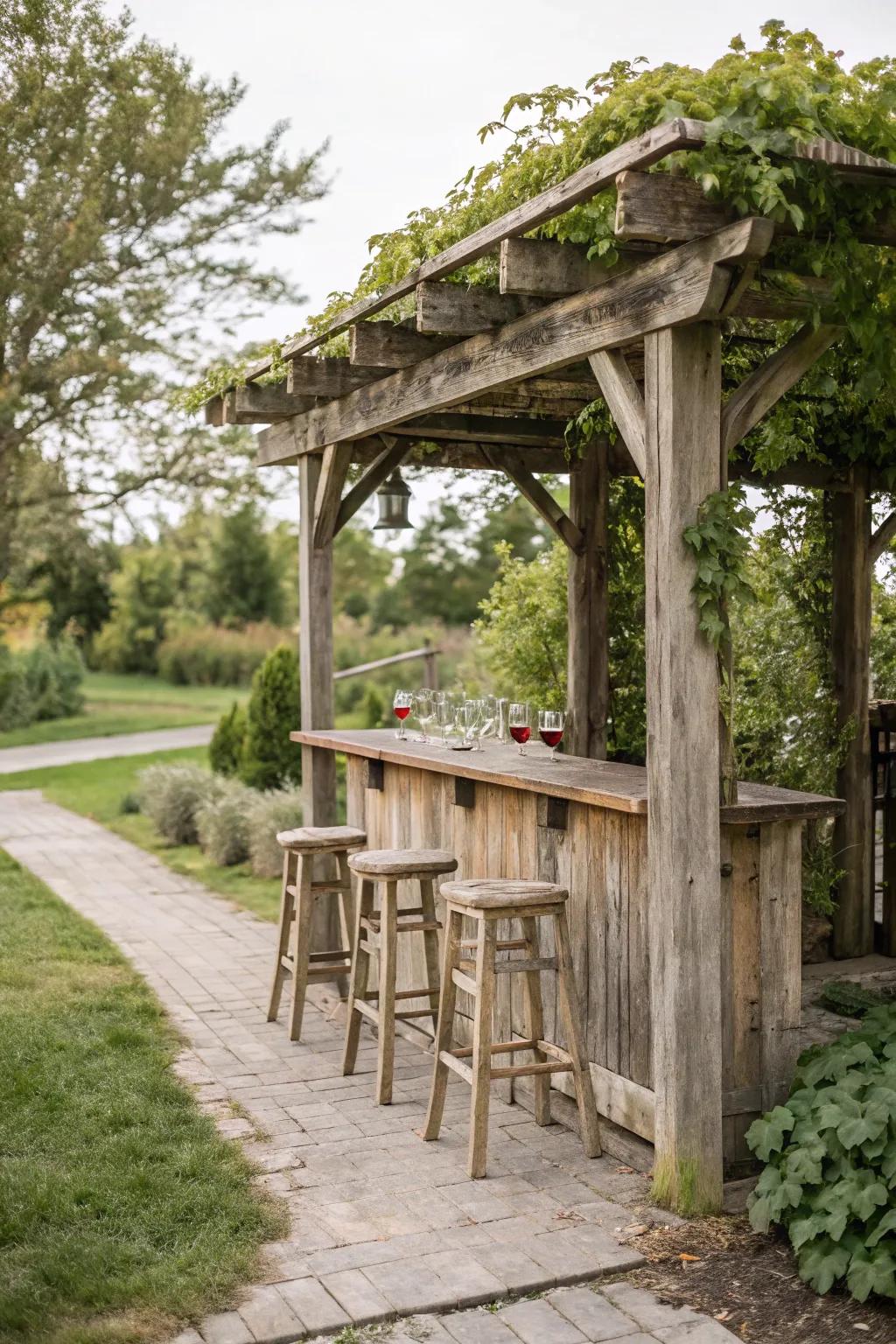 A built-in bar under a rustic pergola.